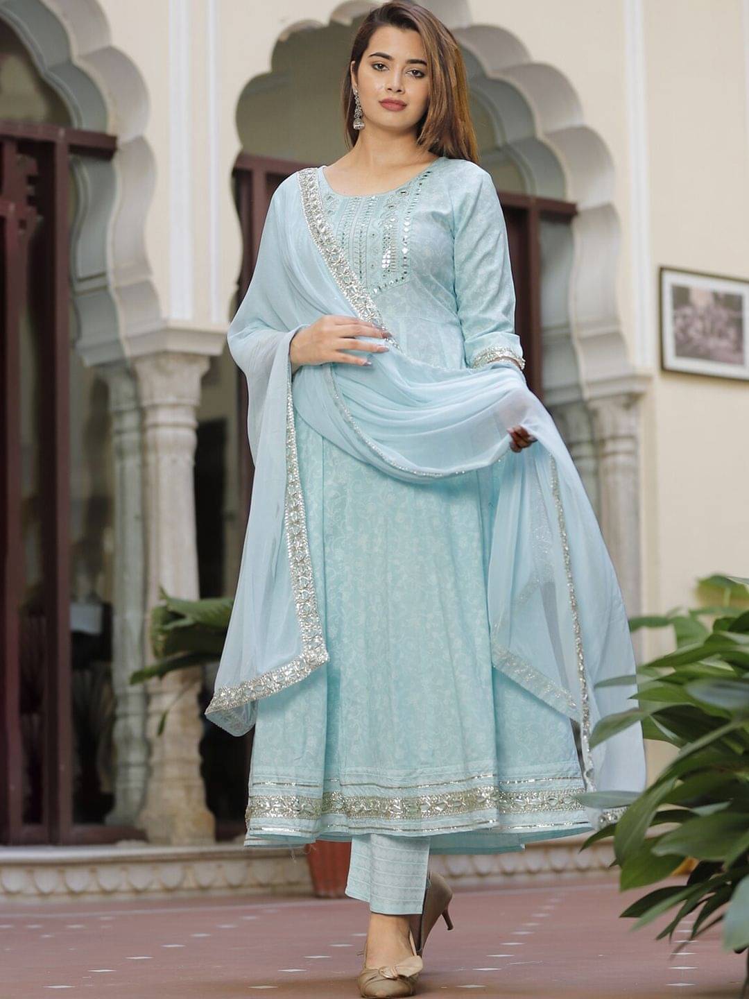     			THE FAB FACTORY Women Cotton Blend Embellished A-line Kurti With Pants ( Blue )