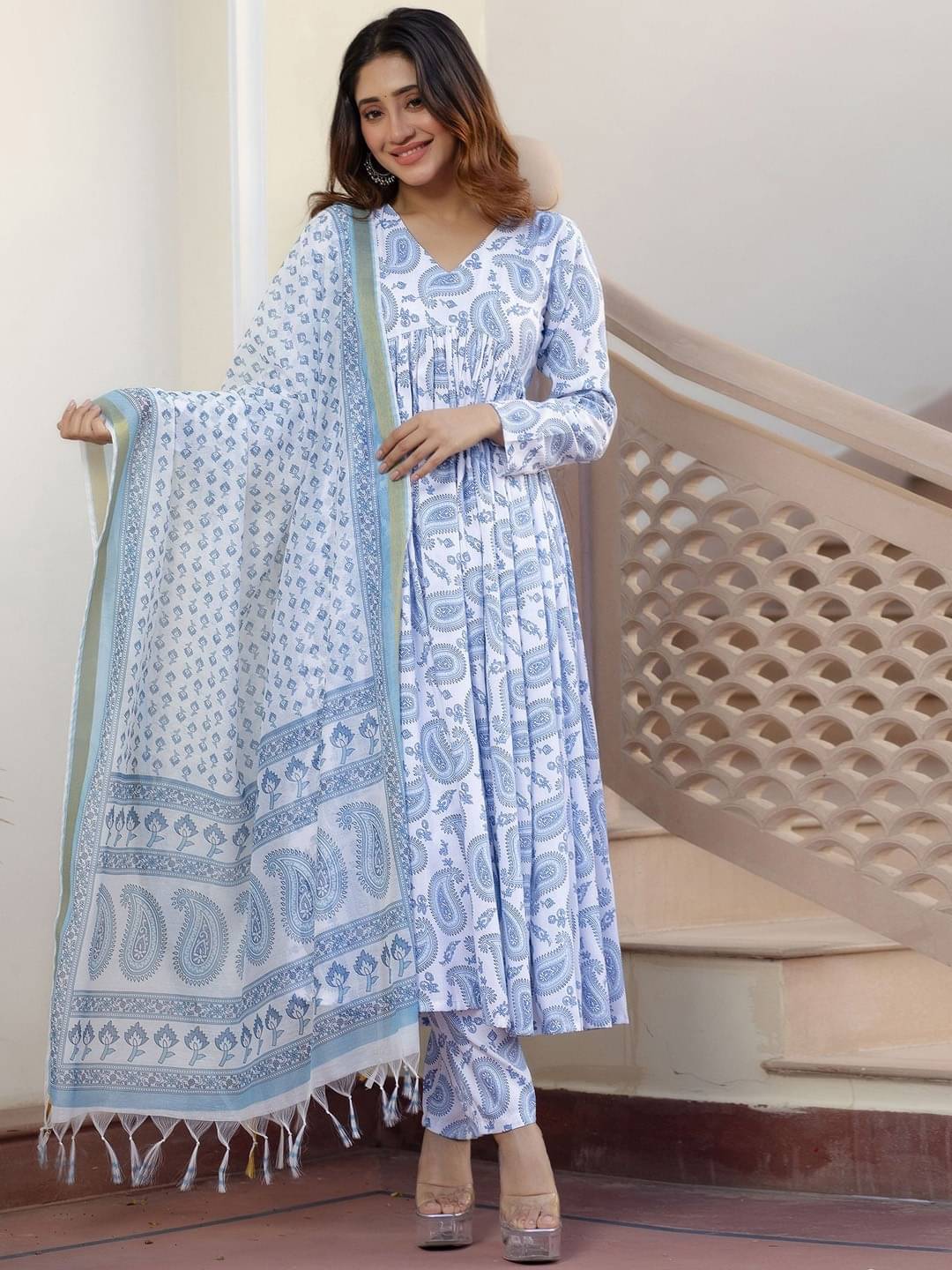 THE FAB FACTORY Women Cotton Blend Printed A-line Kurti With Pants ( Blue )     			THE FAB FACTORY Women Cotton Blend Printed A-line Kurti With Pants ( Blue )
