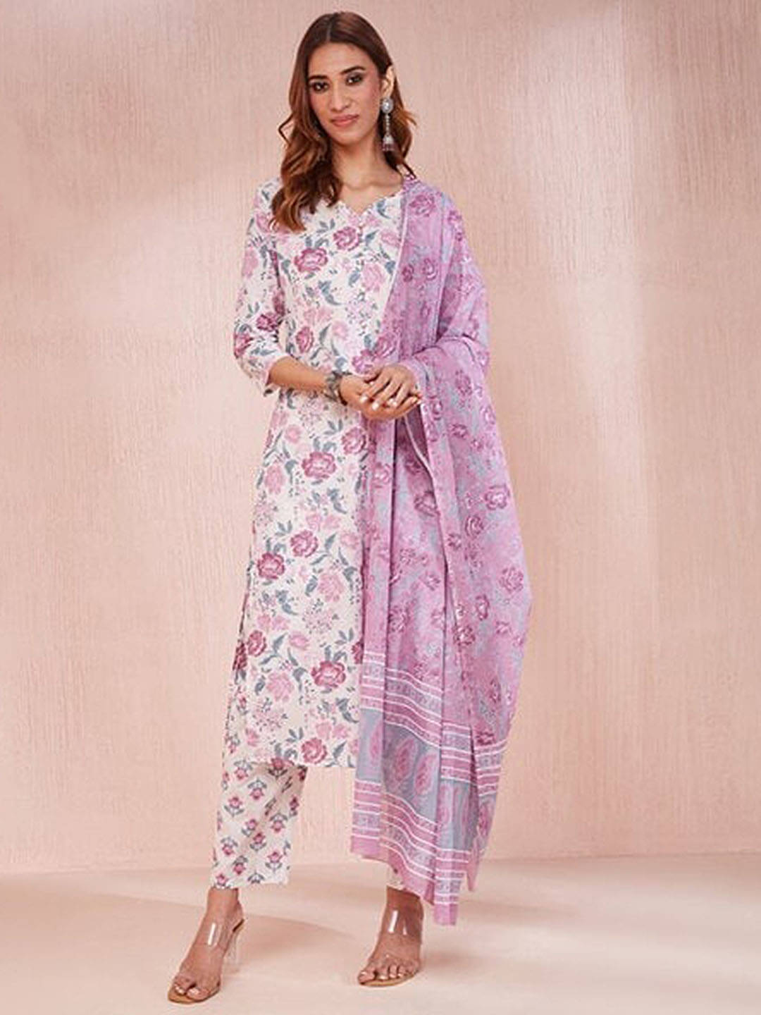 THE FAB FACTORY Women Cotton Blend Printed A-line Kurti With Pants ( Purple ) THE FAB FACTORY Women Cotton Blend Printed A-line Kurti With Pants ( Purple )