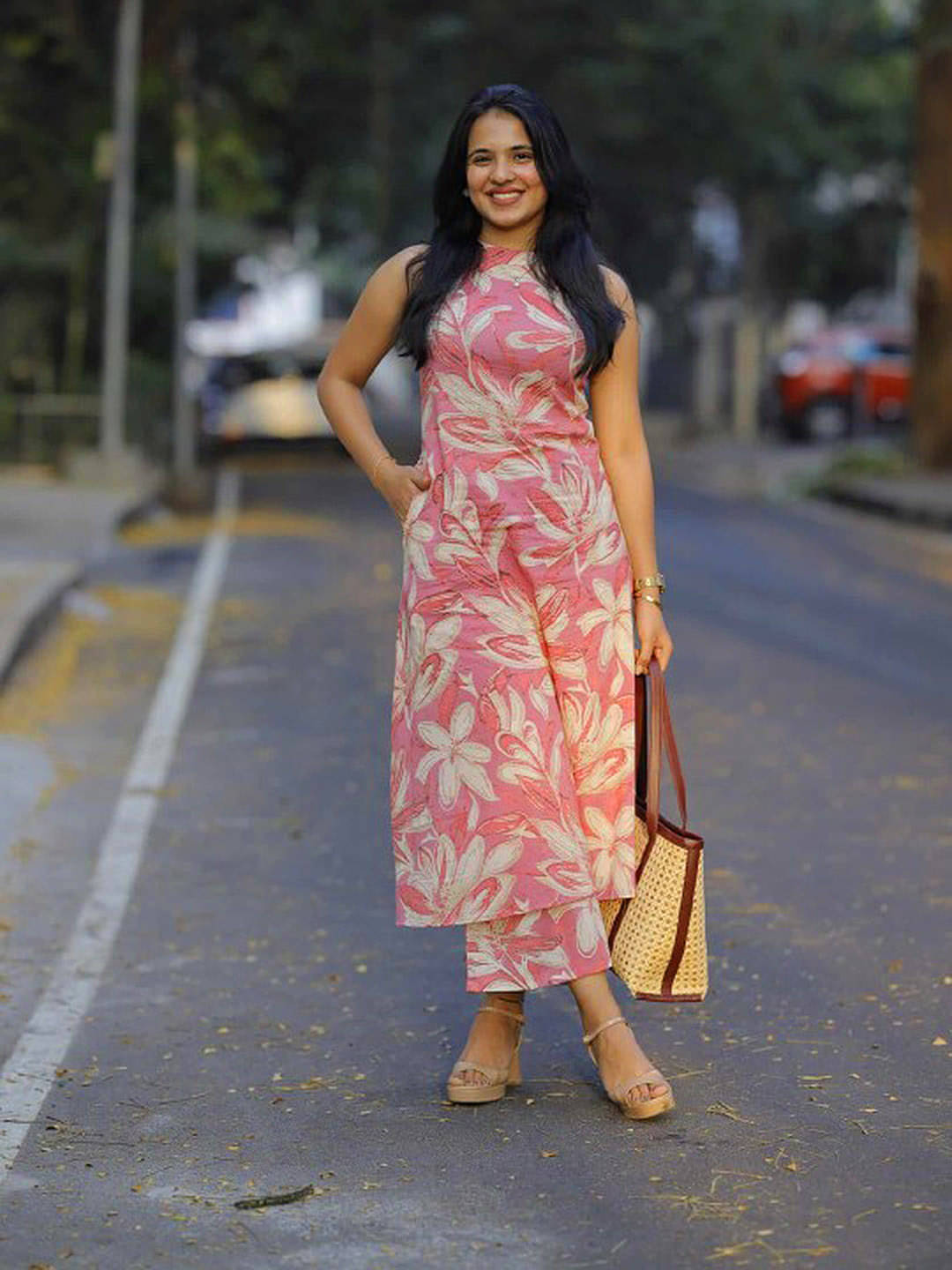 THE FAB FACTORY Women Cotton Blend Printed A-line Kurti With Pants ( Pink )     			THE FAB FACTORY Women Cotton Blend Printed A-line Kurti With Pants ( Pink )