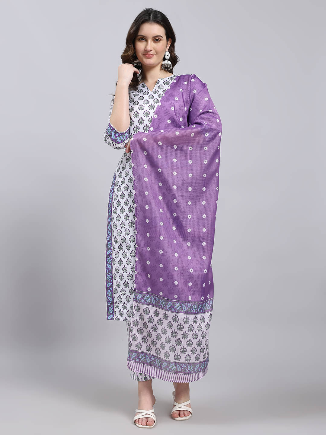     			THE FAB FACTORY Women Cotton Blend Printed A-line Kurti With Pants ( White )