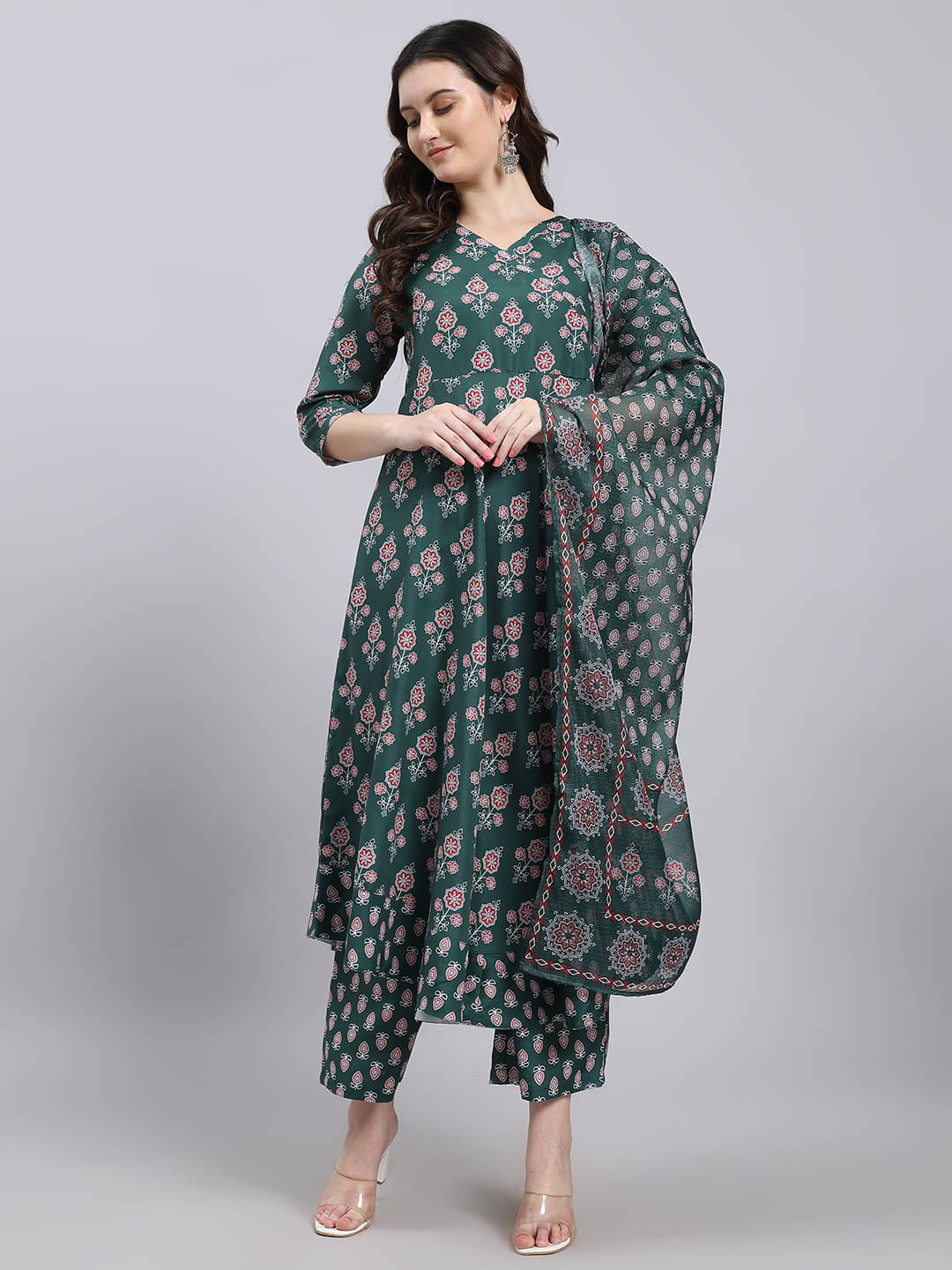     			THE FAB FACTORY Women Cotton Blend Printed A-line Kurti With Pants ( Green )