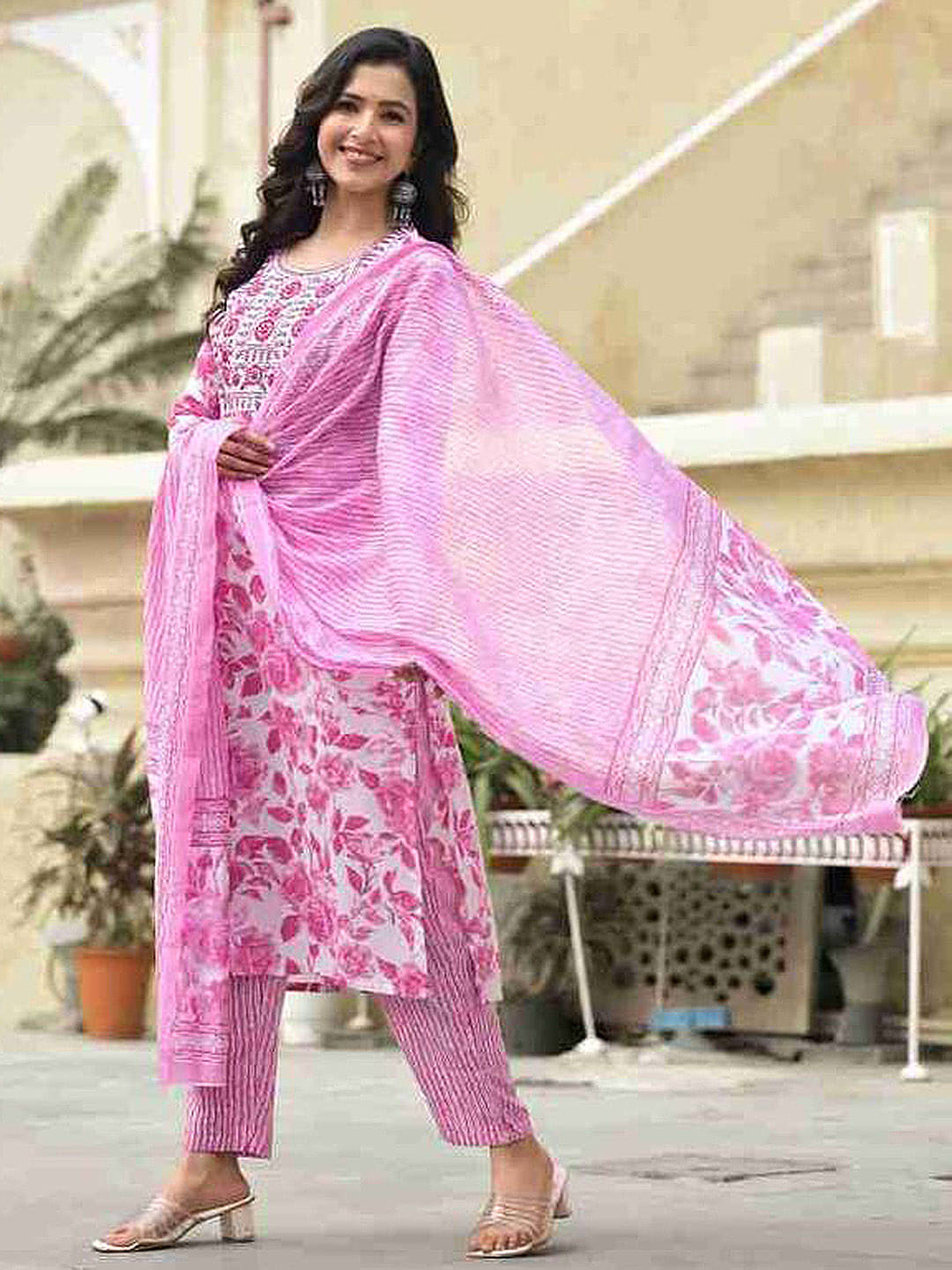 THE FAB FACTORY Women Rayon Printed A-line Kurti With Pants ( Pink ) THE FAB FACTORY Women Rayon Printed A-line Kurti With Pants ( Pink )