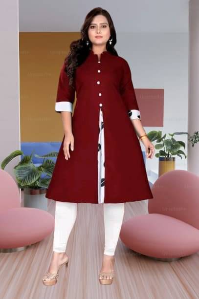 TRIONZA Women Cotton Flex Solid A-line Kurti ( Maroon ) TRIONZA Women Cotton Flex Solid A-line Kurti ( Maroon )