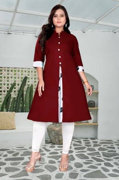 TRIONZA Women Cotton Flex Solid A-line Kurti ( Maroon )     			TRIONZA Women Cotton Flex Solid A-line Kurti ( Maroon )