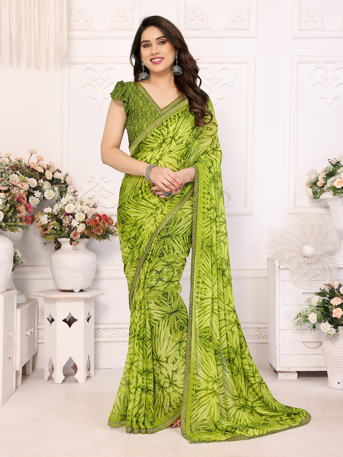 ANAND SAREES Georgette Embellished Chanderi saree With Unstitched Blouse Piece ( Green ) ANAND SAREES Georgette Embellished Chanderi saree With Unstitched Blouse Piece ( Green )