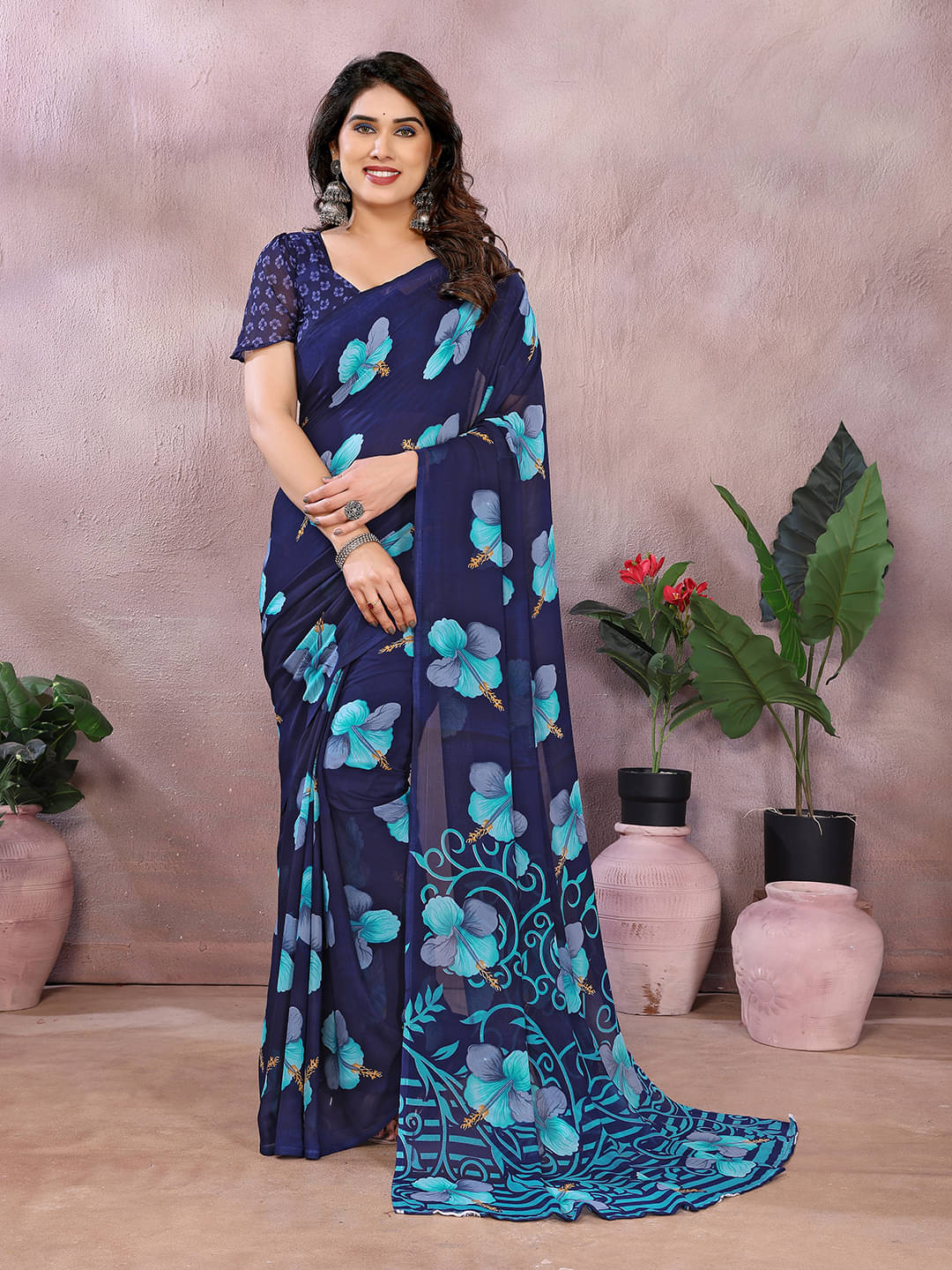 ANAND SAREES Georgette Printed Chanderi saree With Unstitched Blouse Piece ( Blue )     			ANAND SAREES Georgette Printed Chanderi saree With Unstitched Blouse Piece ( Blue )