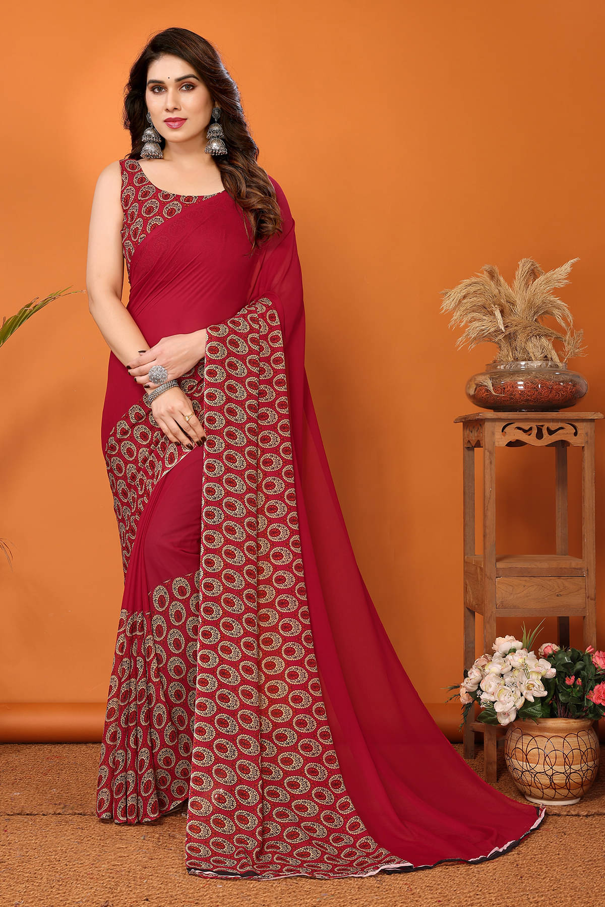 ANAND SAREES Georgette Printed Chanderi saree With Unstitched Blouse Piece ( Red ) ANAND SAREES Georgette Printed Chanderi saree With Unstitched Blouse Piece ( Red )