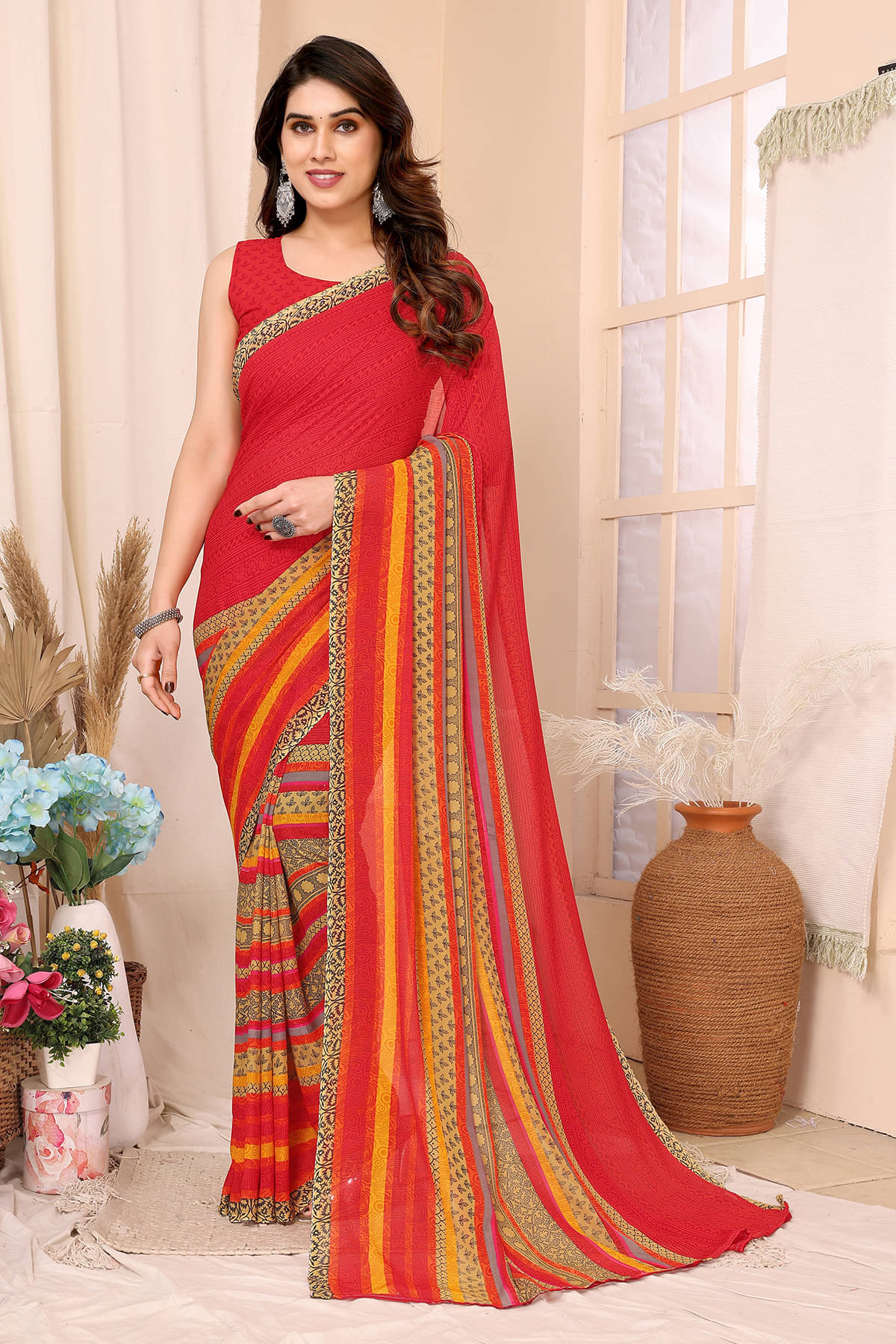 ANAND SAREES Georgette Printed Chanderi saree With Unstitched Blouse Piece ( Red ) ANAND SAREES Georgette Printed Chanderi saree With Unstitched Blouse Piece ( Red )