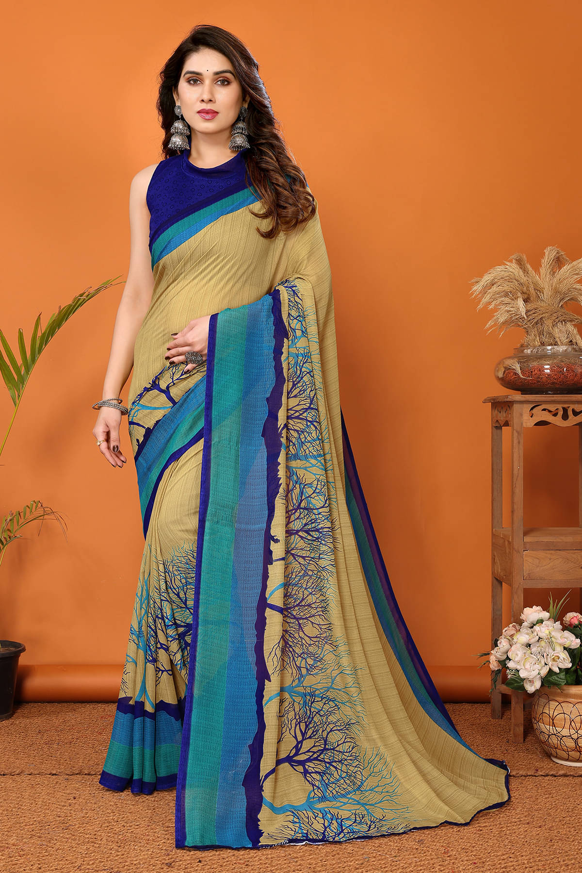     			ANAND SAREES Georgette Printed Chanderi saree With Unstitched Blouse Piece ( Green )