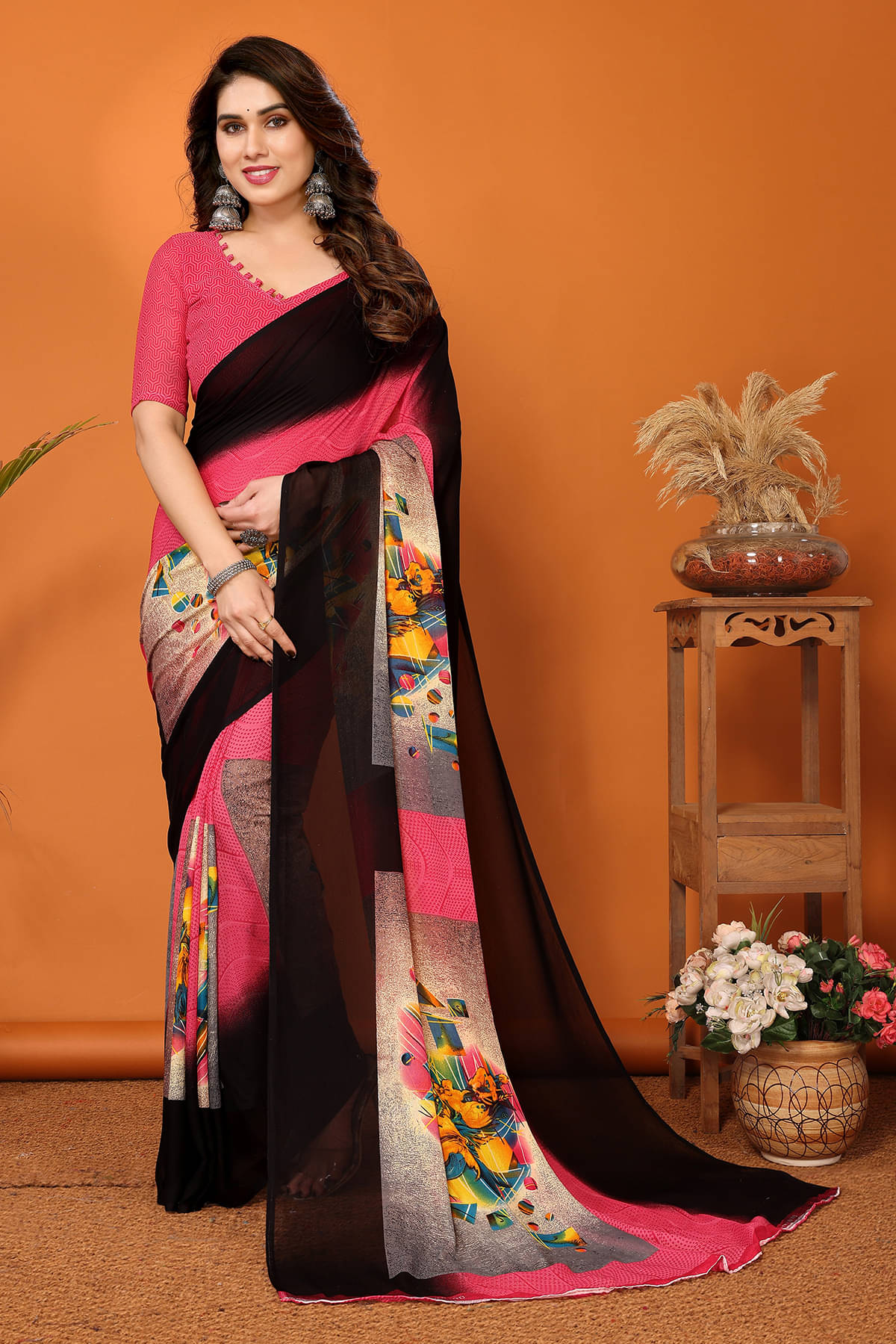 ANAND SAREES Georgette Printed Chanderi saree With Unstitched Blouse Piece ( Pink ) ANAND SAREES Georgette Printed Chanderi saree With Unstitched Blouse Piece ( Pink )