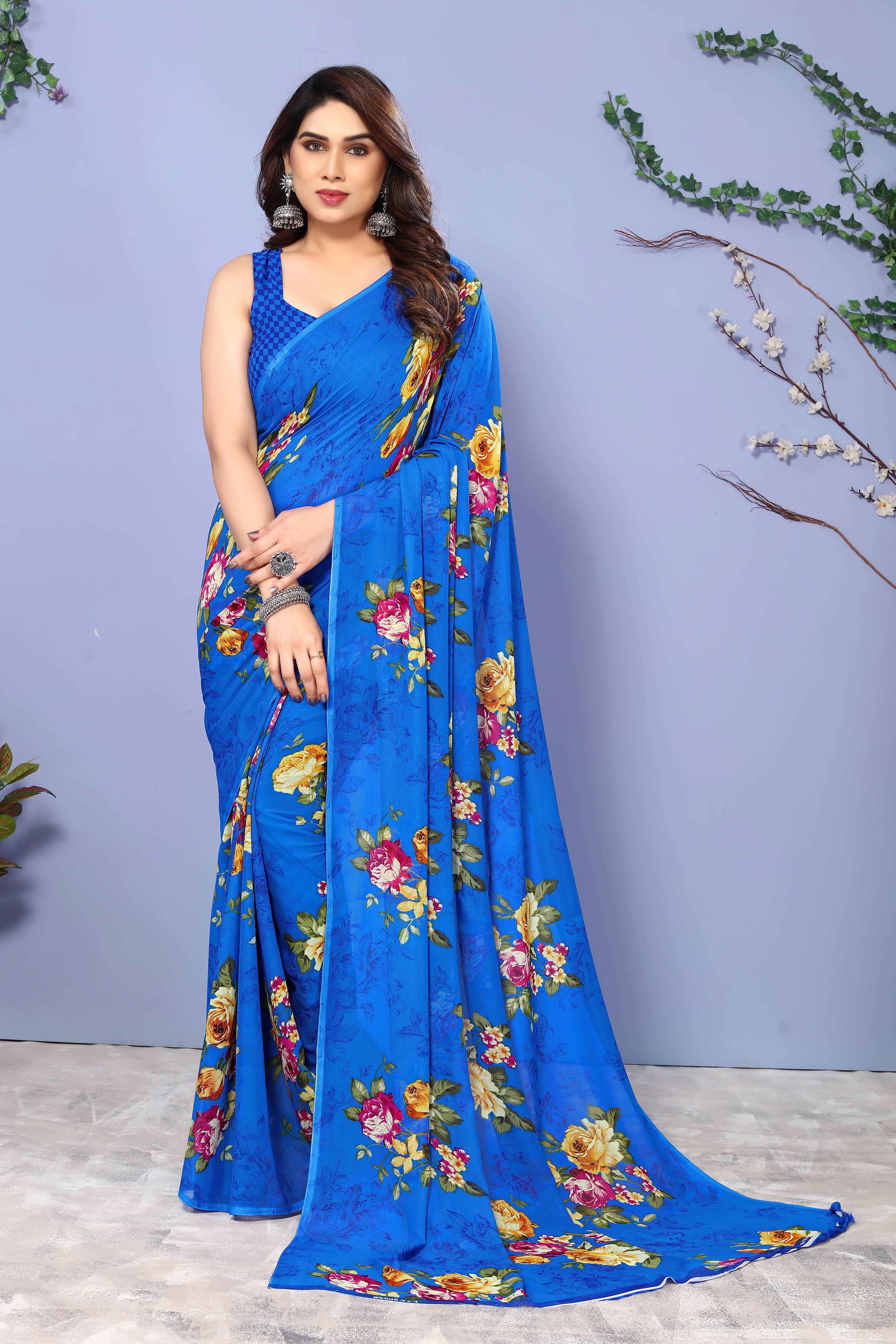     			ANAND SAREES Georgette Printed Chanderi saree With Unstitched Blouse Piece ( Blue )