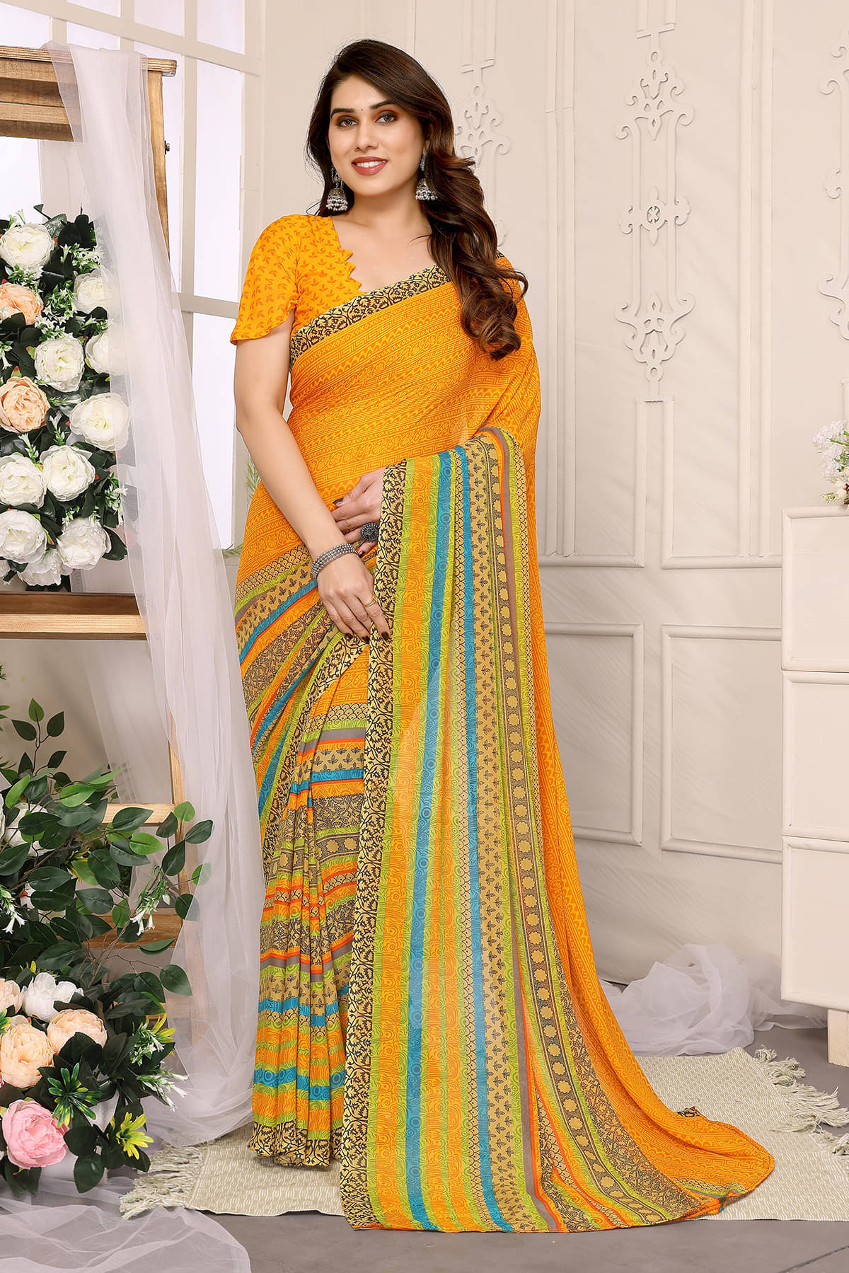     			ANAND SAREES Georgette Printed Chanderi saree With Unstitched Blouse Piece ( Yellow )