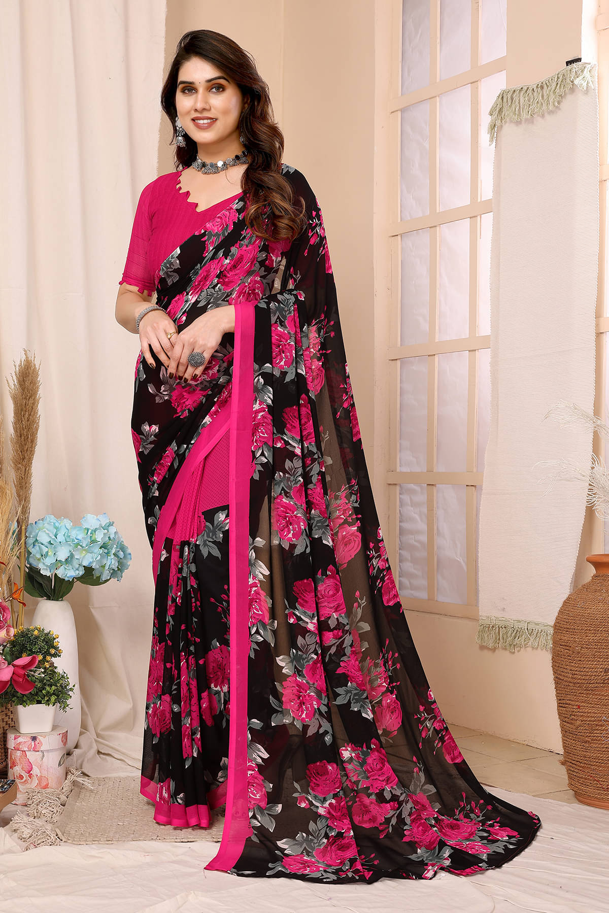     			ANAND SAREES Georgette Printed Chanderi saree With Unstitched Blouse Piece ( Pink )