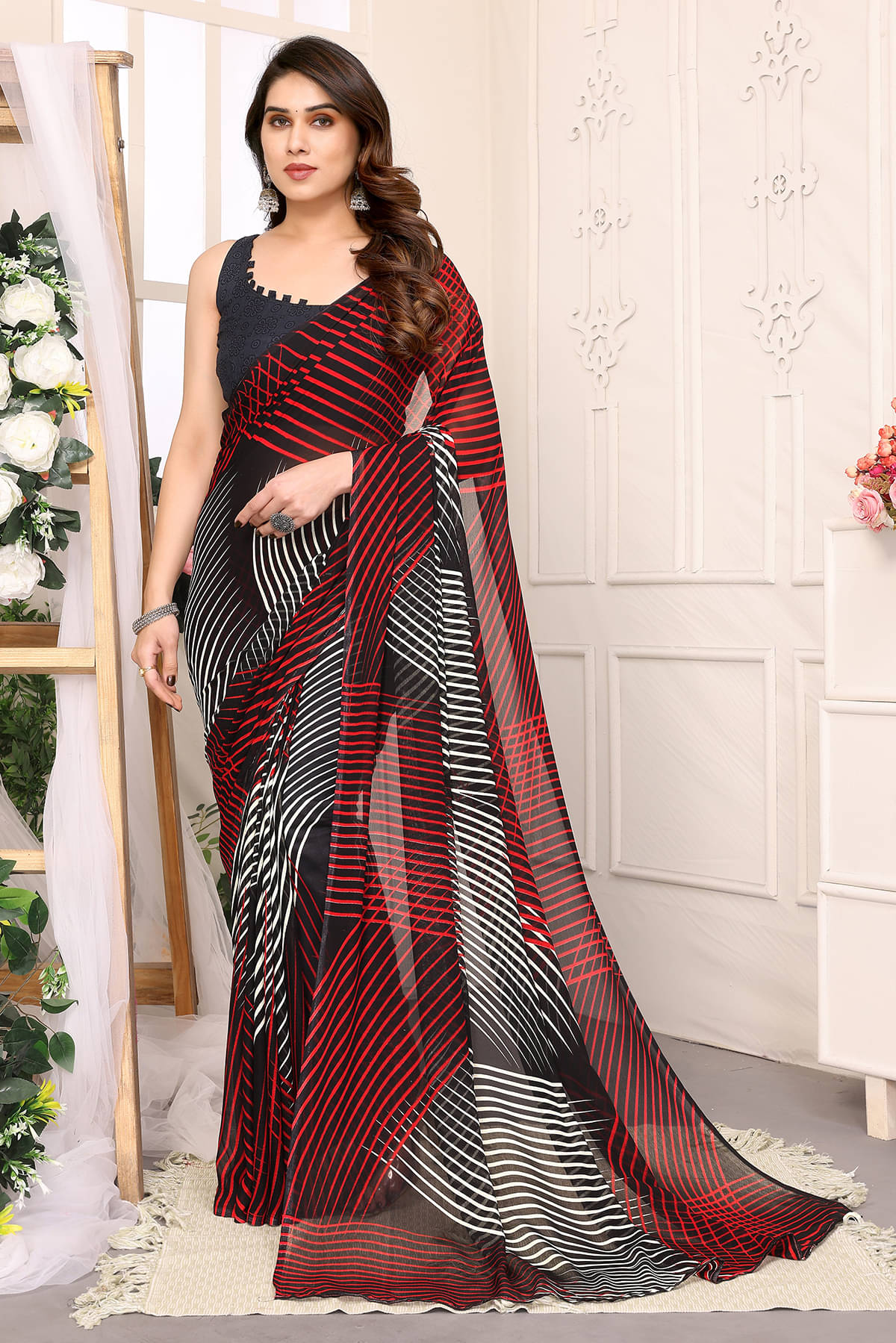     			ANAND SAREES Georgette Printed Leheriya Saree With Unstitched Blouse Piece ( Black )
