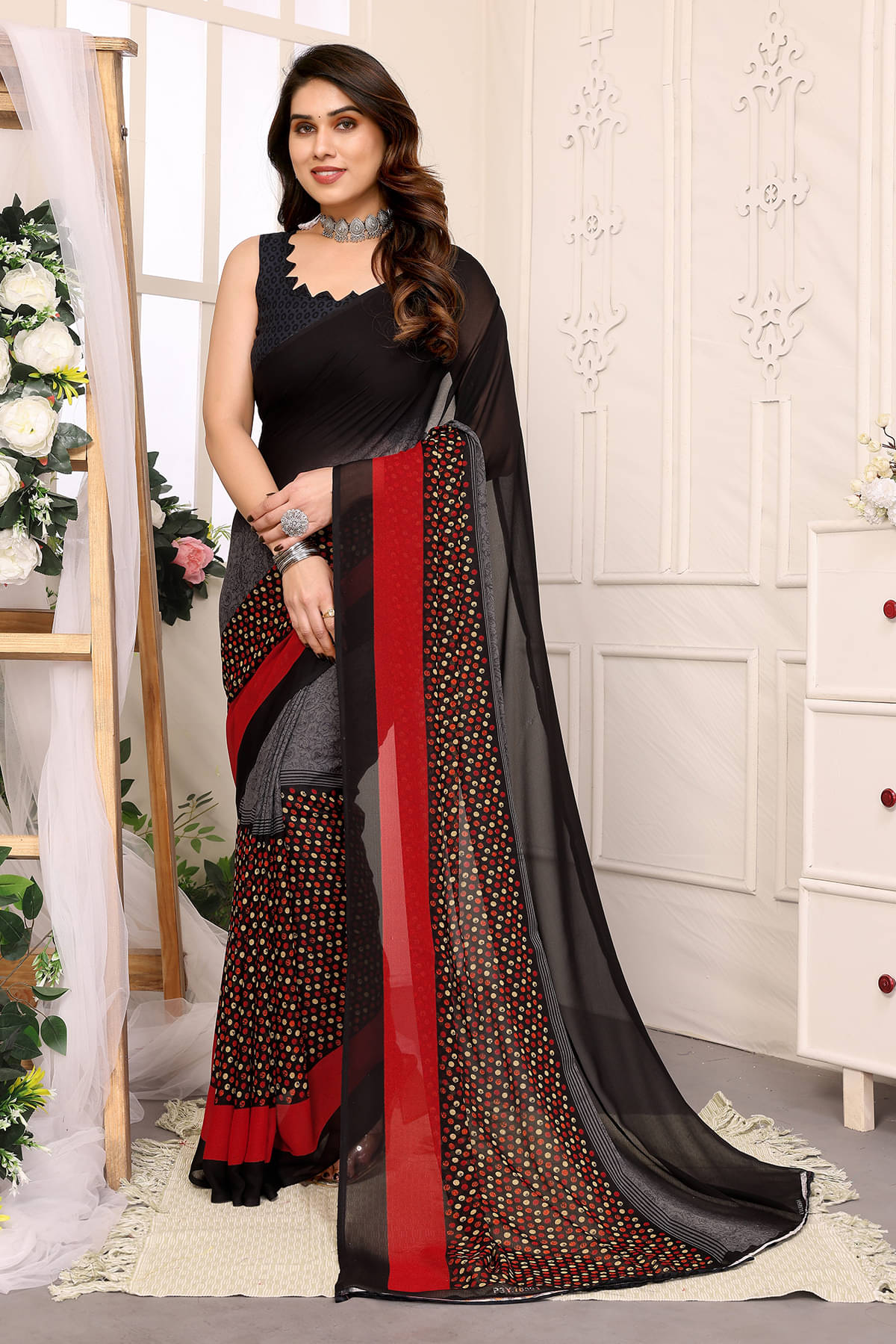 ANAND SAREES Georgette Printed Chanderi saree With Unstitched Blouse Piece ( Black ) ANAND SAREES Georgette Printed Chanderi saree With Unstitched Blouse Piece ( Black )