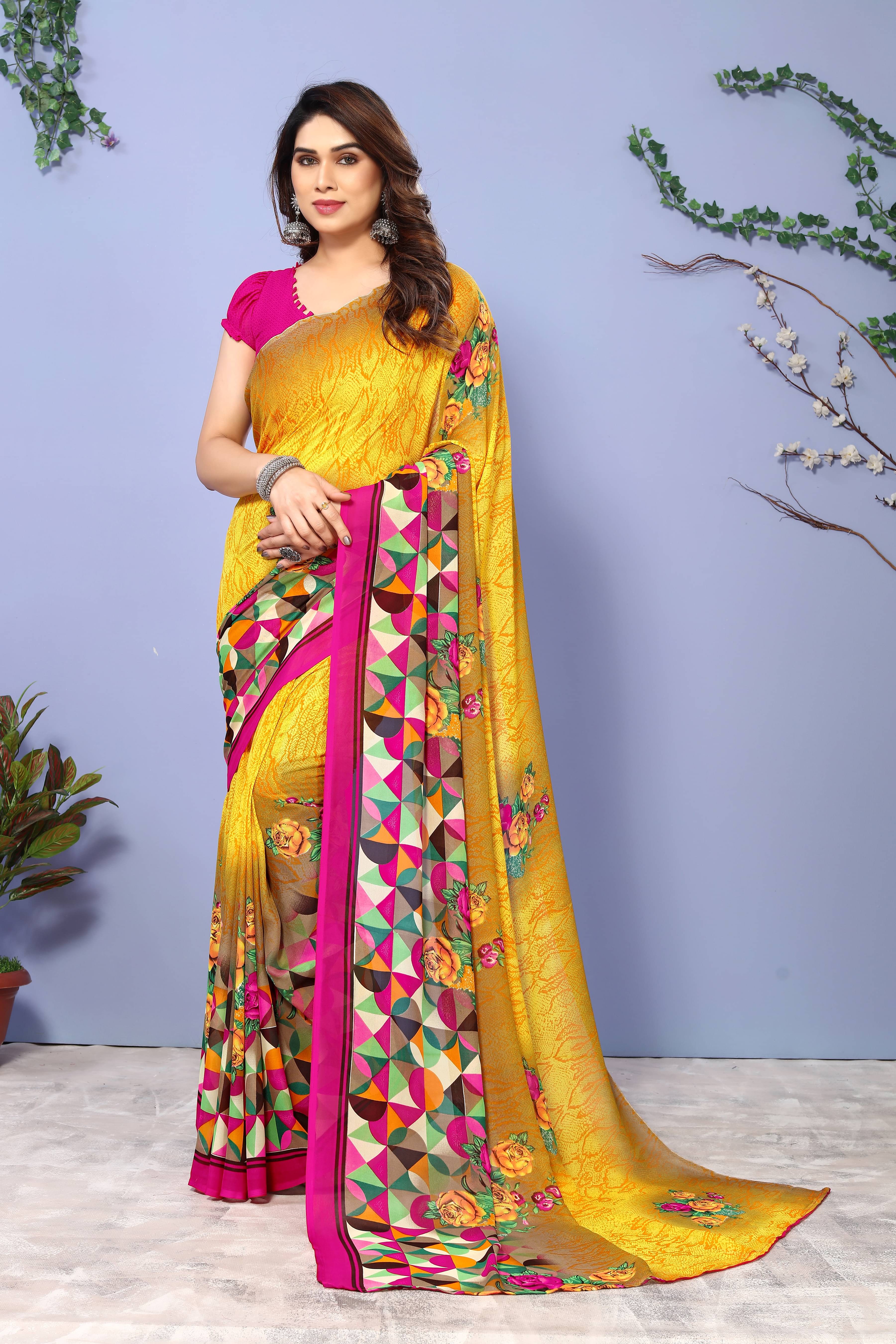 ANAND SAREES Georgette Printed Chanderi saree With Unstitched Blouse Piece ( Yellow ) ANAND SAREES Georgette Printed Chanderi saree With Unstitched Blouse Piece ( Yellow )