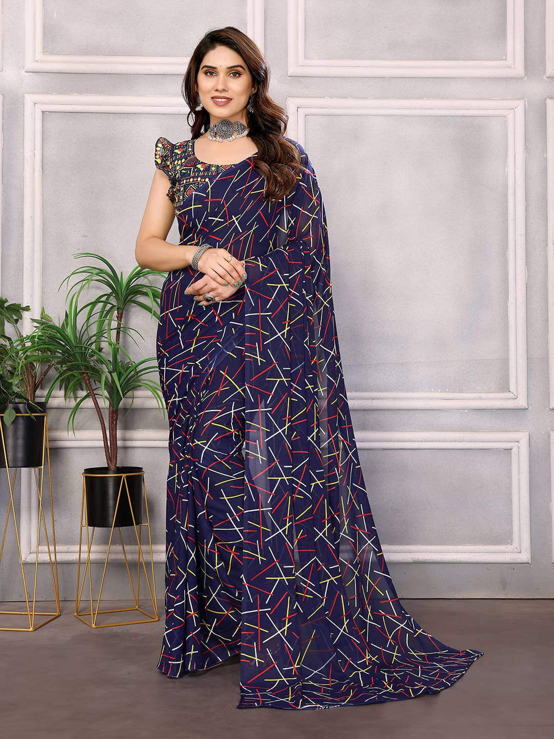     			ANAND SAREES Georgette Printed Chanderi saree With Unstitched Blouse Piece ( Blue )