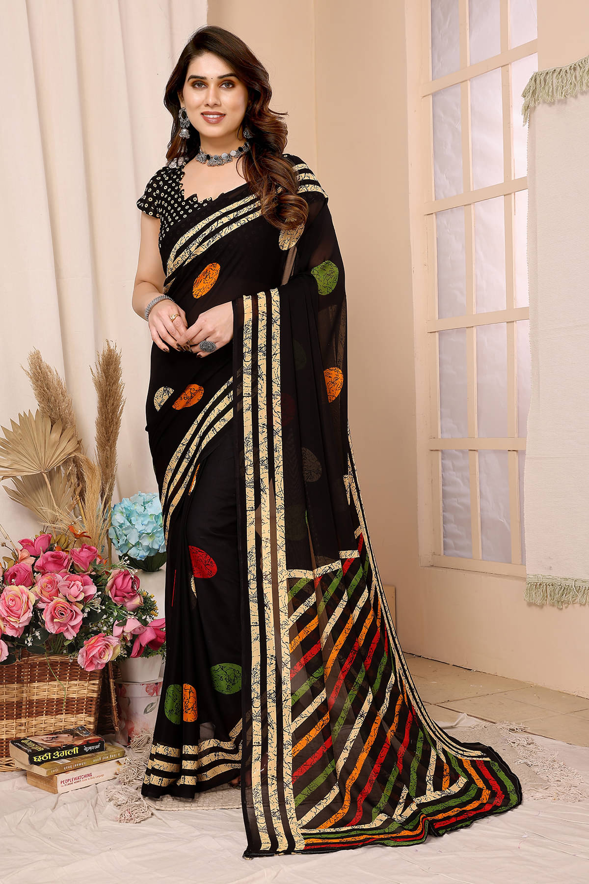     			ANAND SAREES Georgette Printed Chanderi saree With Unstitched Blouse Piece ( Black )