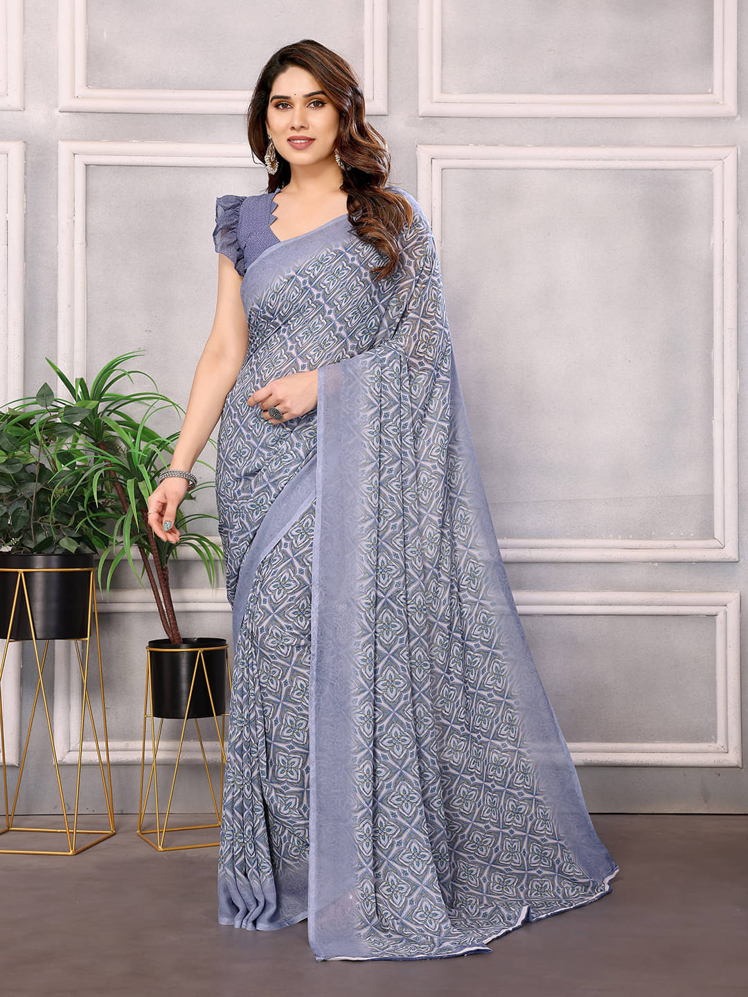     			ANAND SAREES Georgette Printed Chanderi saree With Unstitched Blouse Piece ( Grey )