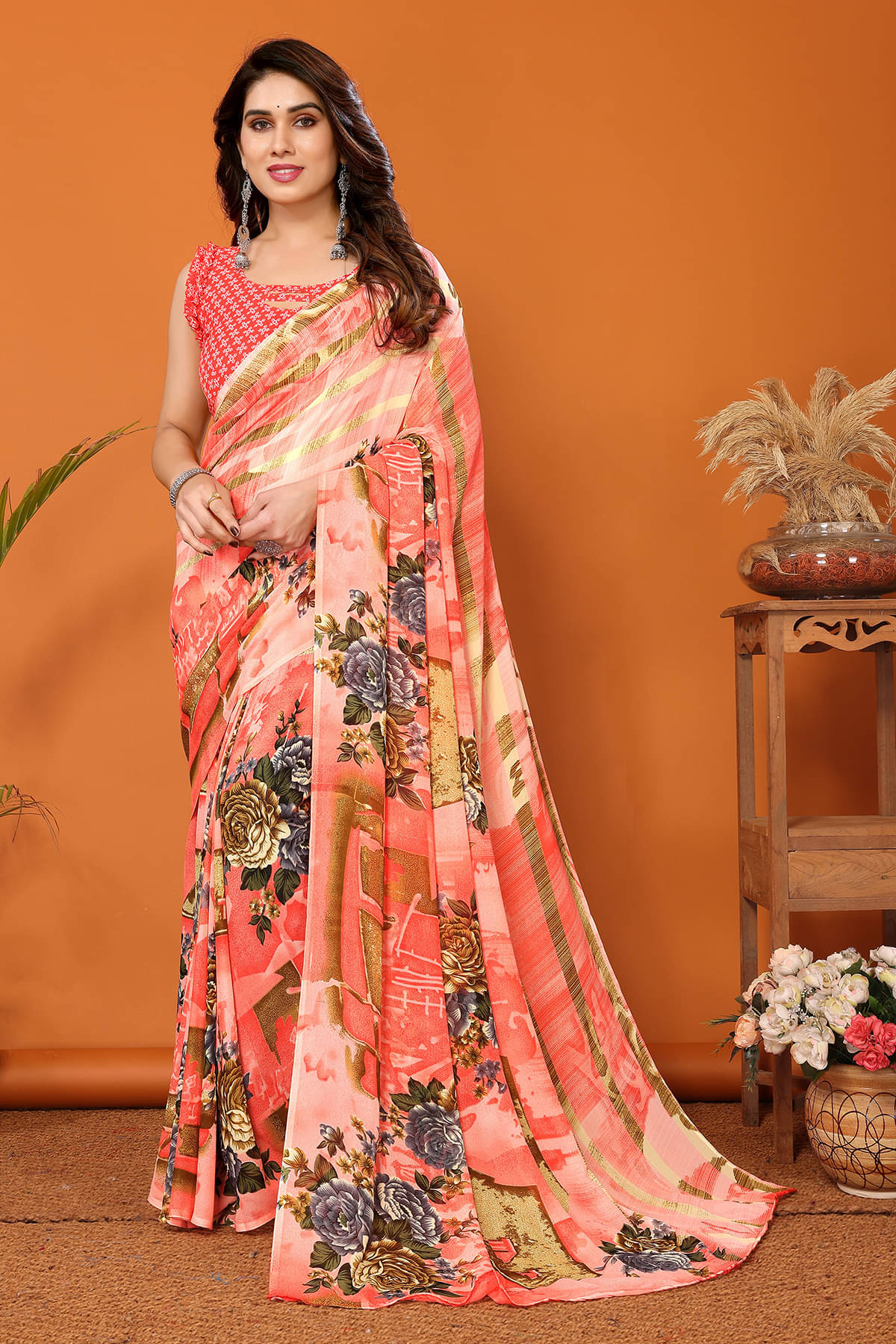     			ANAND SAREES Georgette Printed Chanderi saree With Unstitched Blouse Piece ( Orange )
