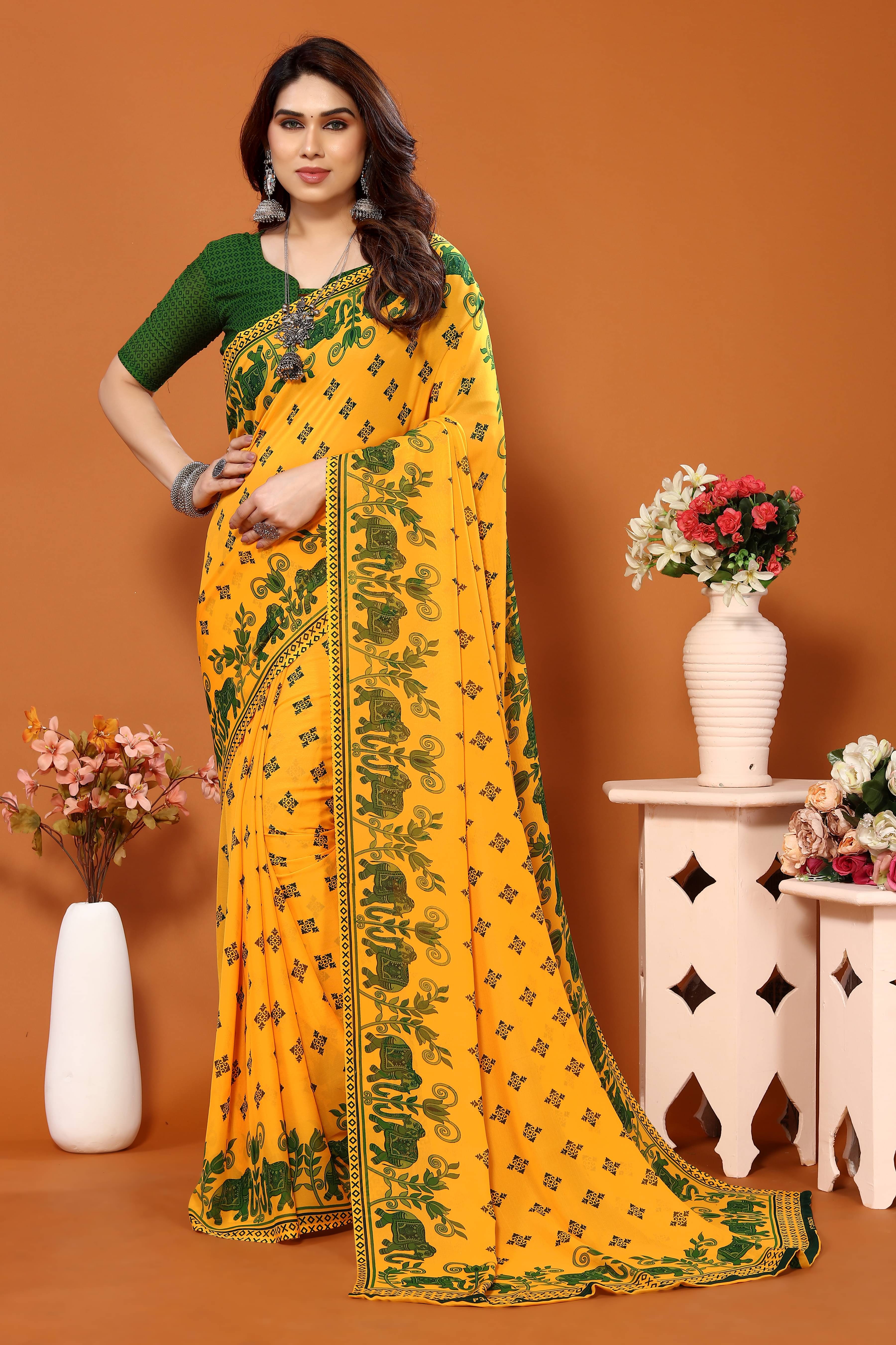 ANAND SAREES Georgette Printed Chanderi saree With Unstitched Blouse Piece ( Green ) ANAND SAREES Georgette Printed Chanderi saree With Unstitched Blouse Piece ( Green )