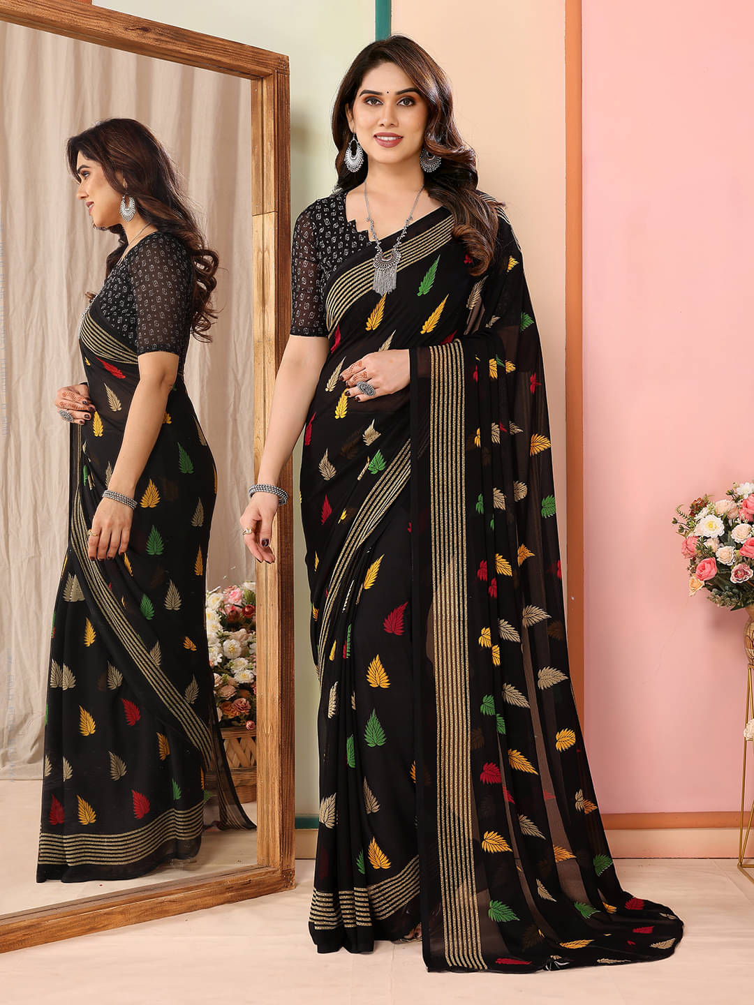     			ANAND SAREES Georgette Printed Chanderi saree With Unstitched Blouse Piece ( Black )