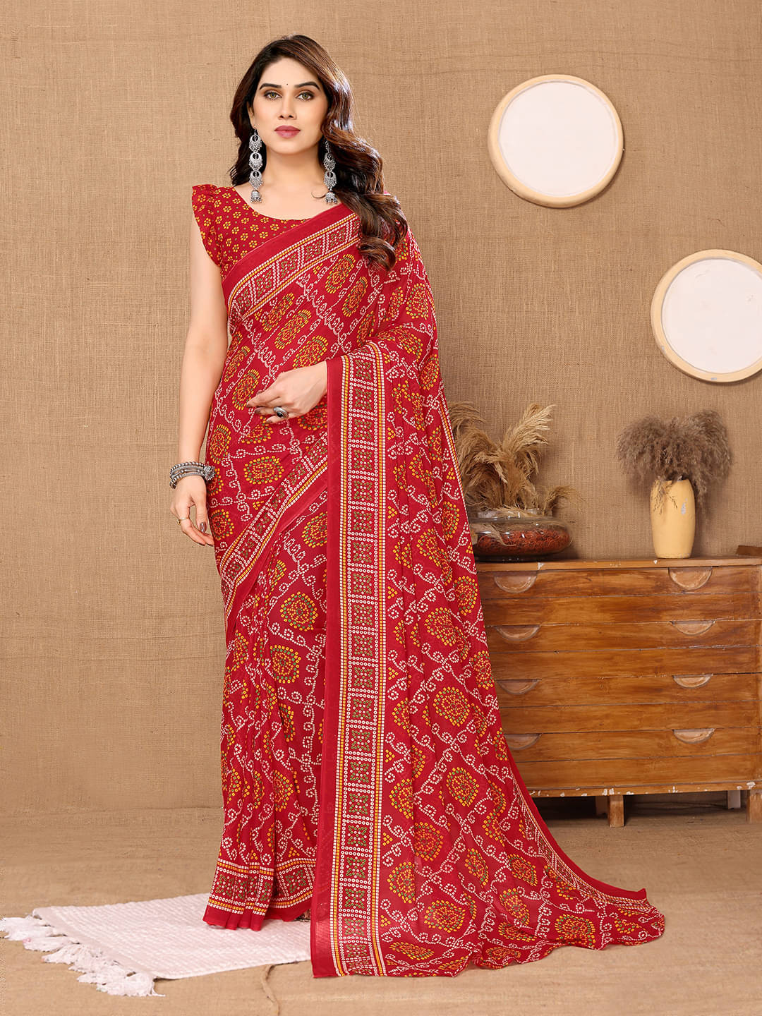 ANAND SAREES Georgette Printed Chanderi saree With Unstitched Blouse Piece ( Red ) ANAND SAREES Georgette Printed Chanderi saree With Unstitched Blouse Piece ( Red )