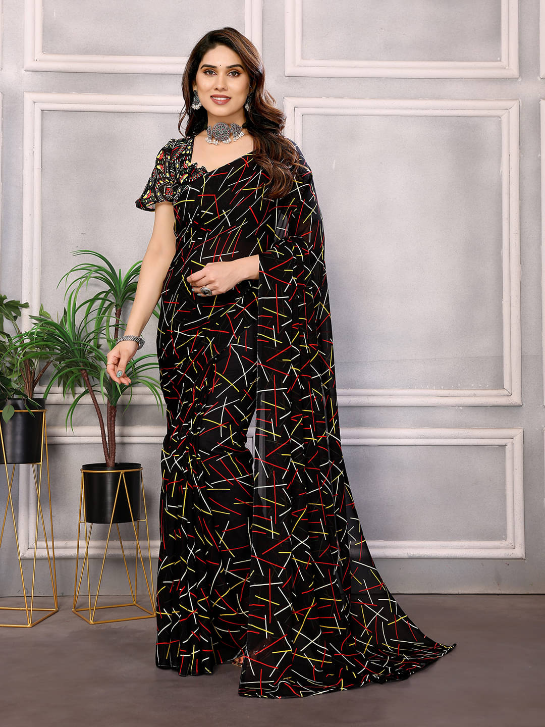     			ANAND SAREES Georgette Printed Chanderi saree With Unstitched Blouse Piece ( Black )