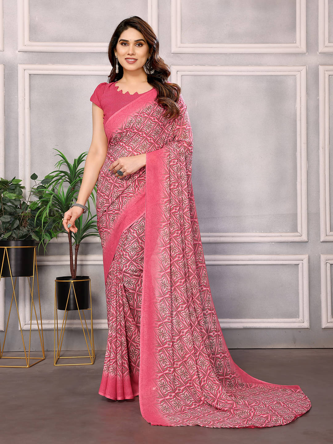     			ANAND SAREES Georgette Printed Chanderi saree With Unstitched Blouse Piece ( Pink )