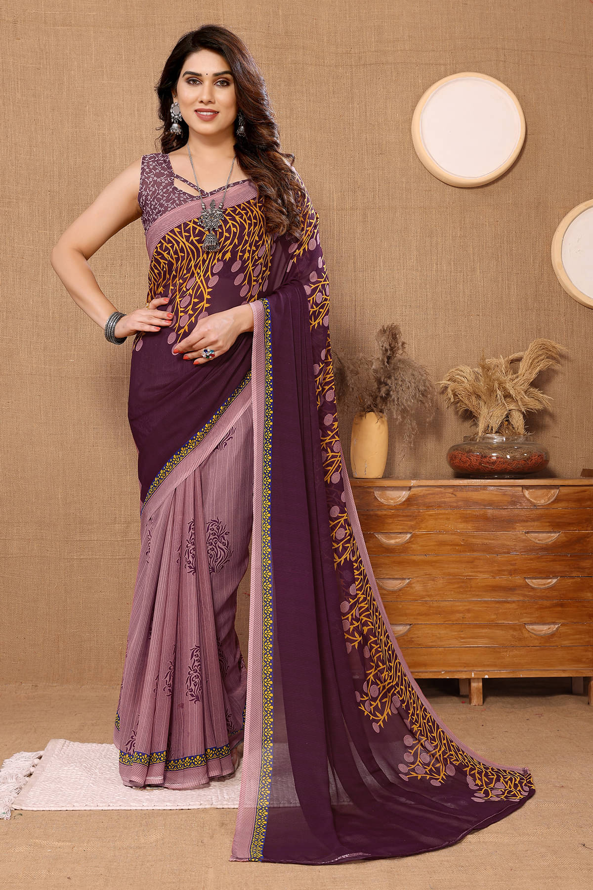 ANAND SAREES Georgette Printed Chanderi saree With Unstitched Blouse Piece ( Purple ) ANAND SAREES Georgette Printed Chanderi saree With Unstitched Blouse Piece ( Purple )