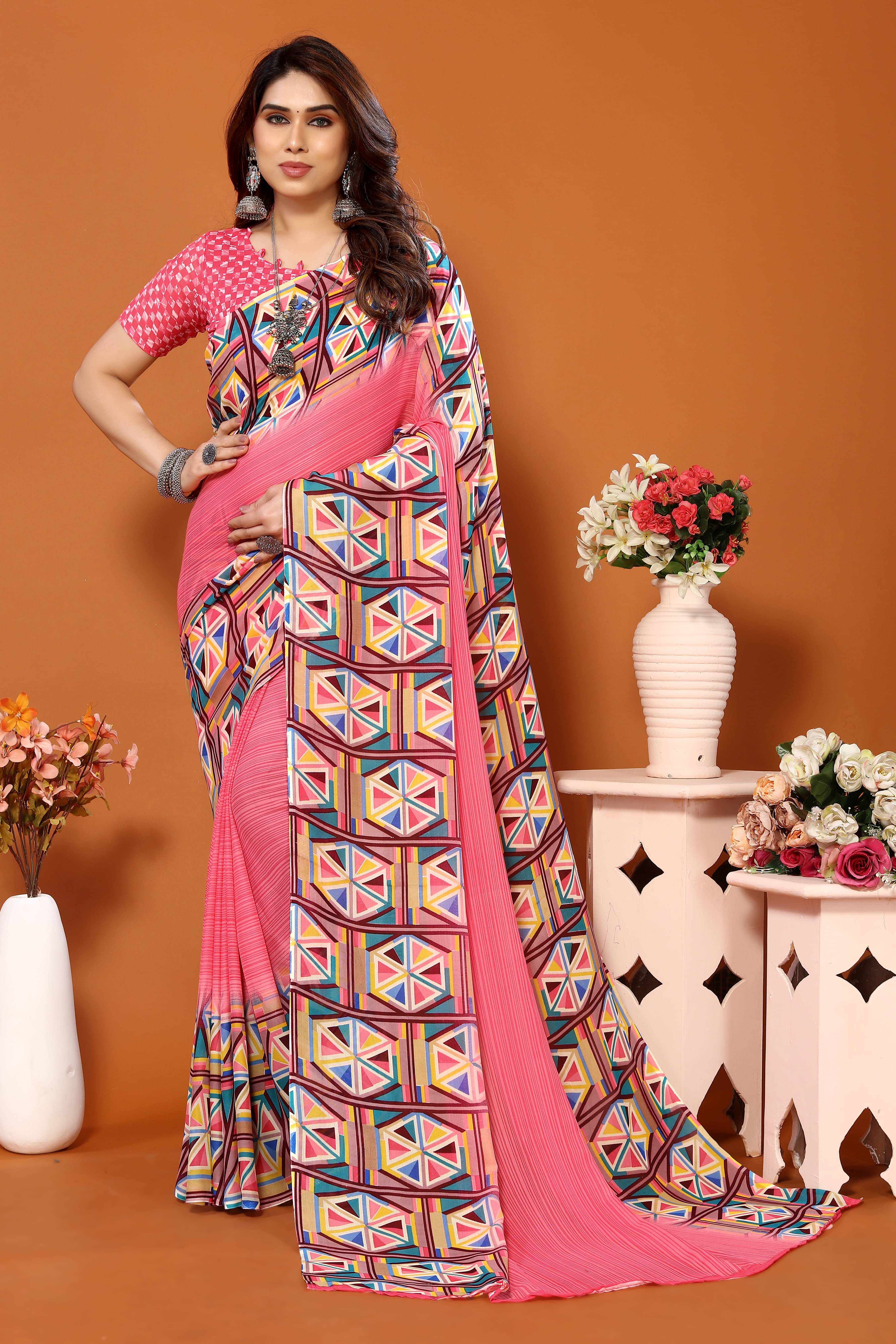 ANAND SAREES Georgette Printed Chanderi saree With Unstitched Blouse Piece ( Pink ) ANAND SAREES Georgette Printed Chanderi saree With Unstitched Blouse Piece ( Pink )