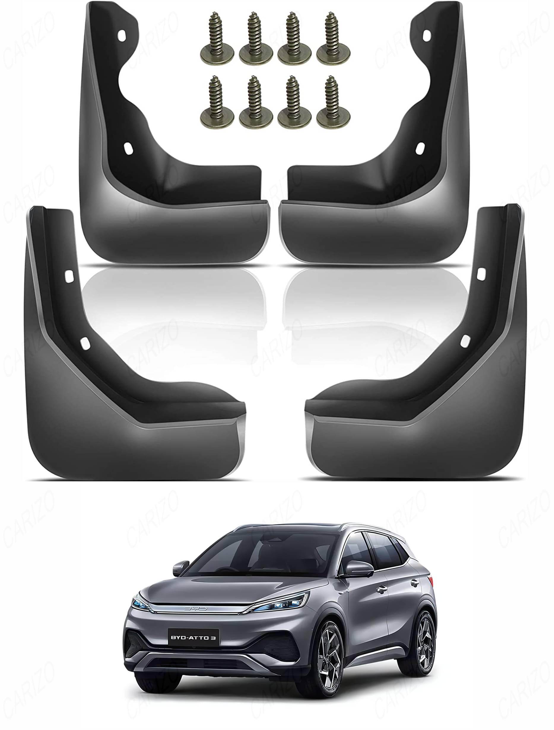 CARIZO Car Splash Mud Guards, OE Type Front and Rear Mud Flaps, Pack of 4, Compatible with BYD Atto 3 (2022-25) CARIZO Car Splash Mud Guards, OE Type Front and Rear Mud Flaps, Pack of 4, Compatible with BYD Atto 3 (2022-25)