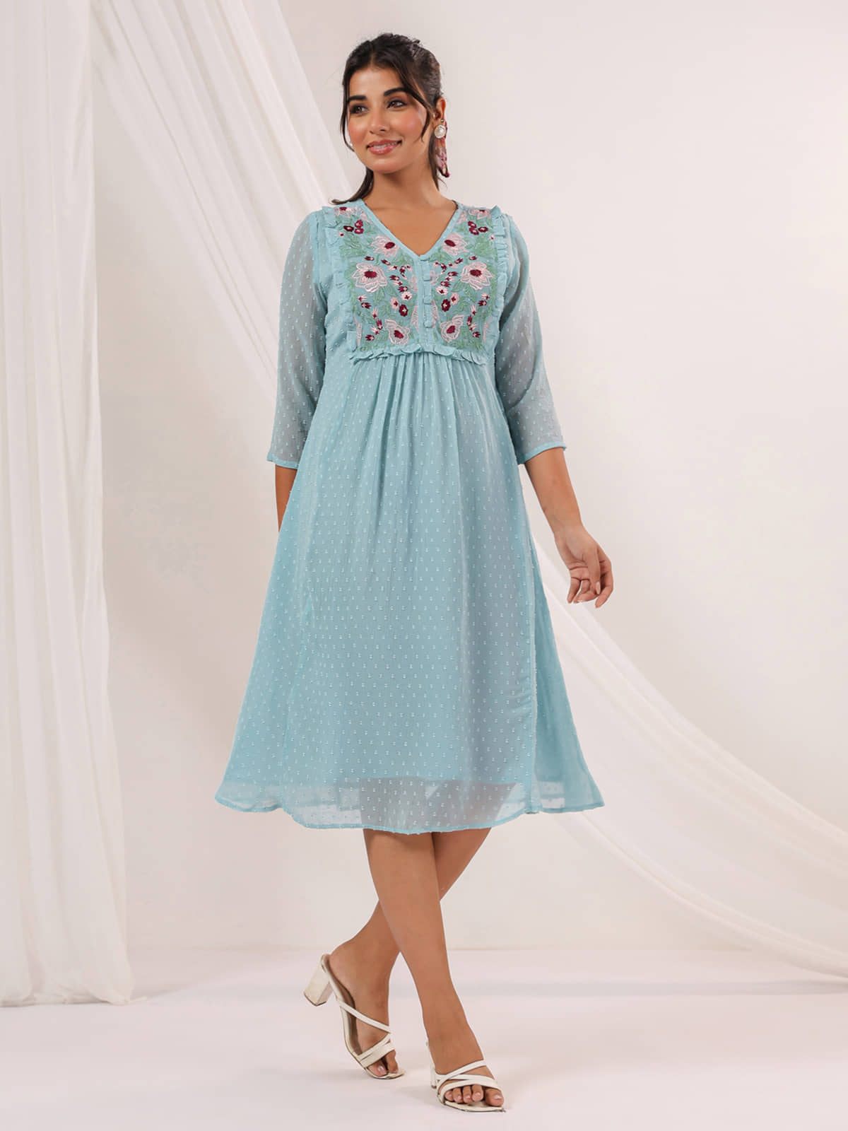 Janasya Women Chiffon Embroidered A-line Dress ( Light Blue )