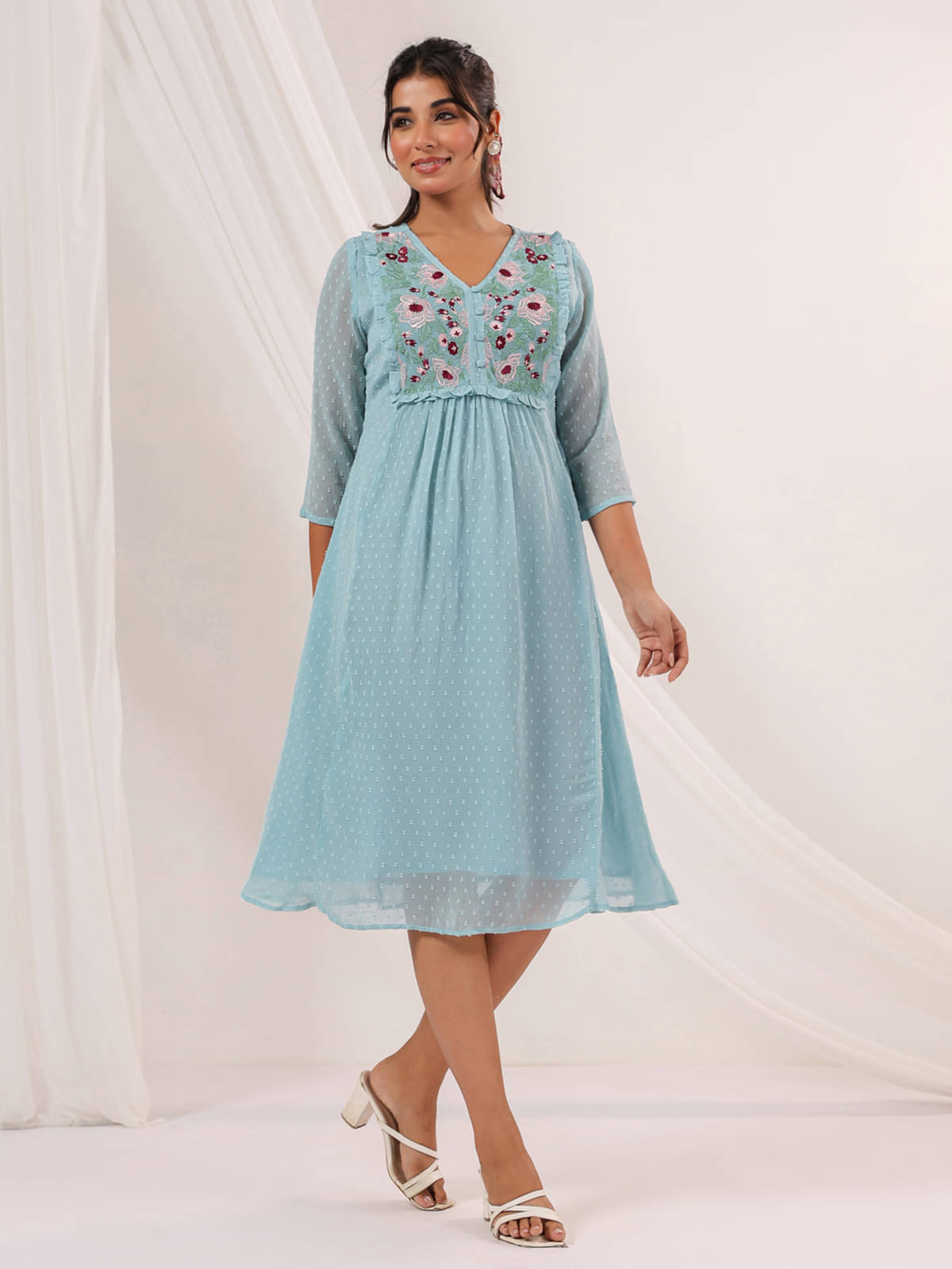     			Janasya Women Chiffon Embroidered A-line Dress ( Light Blue )