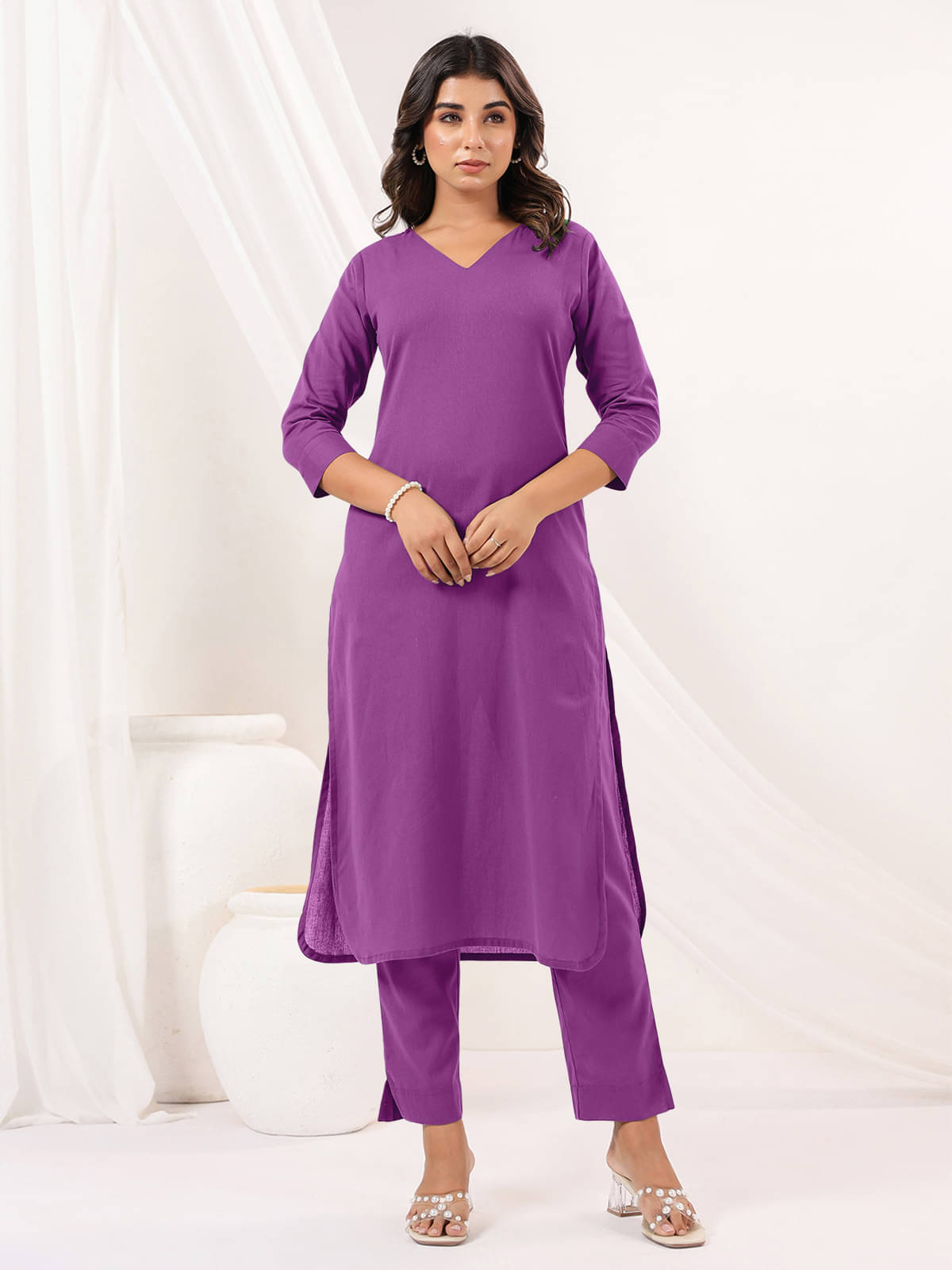     			Janasya Women Cotton Solid Straight Kurti With Pants ( Purple )