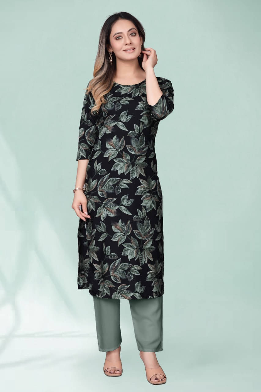     			KAHARA Women Crepe Printed A-line Kurti With Pants ( Grey )