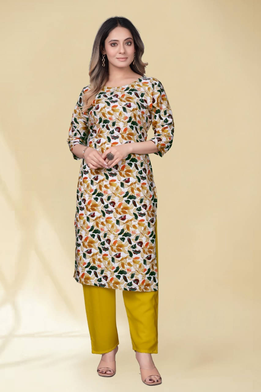 KAHARA Women Crepe Printed A-line Kurti With Pants ( Yellow ) KAHARA Women Crepe Printed A-line Kurti With Pants ( Yellow )