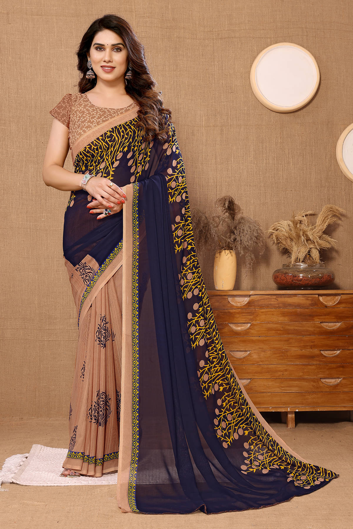     			Kashvi Sarees Georgette Printed Chanderi saree With Unstitched Blouse Piece ( Blue )