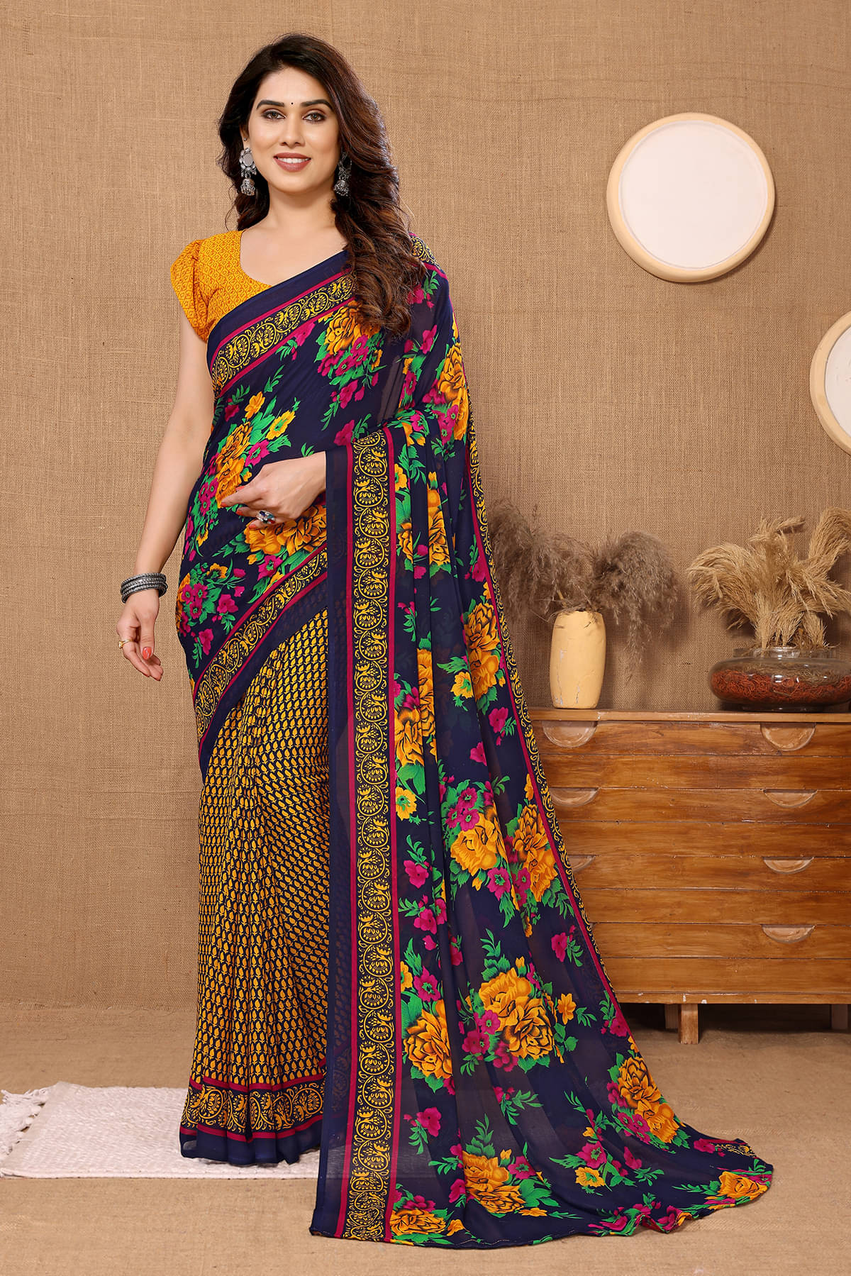 Kashvi Sarees Georgette Printed Chanderi saree With Unstitched Blouse Piece ( Yellow )     			Kashvi Sarees Georgette Printed Chanderi saree With Unstitched Blouse Piece ( Yellow )