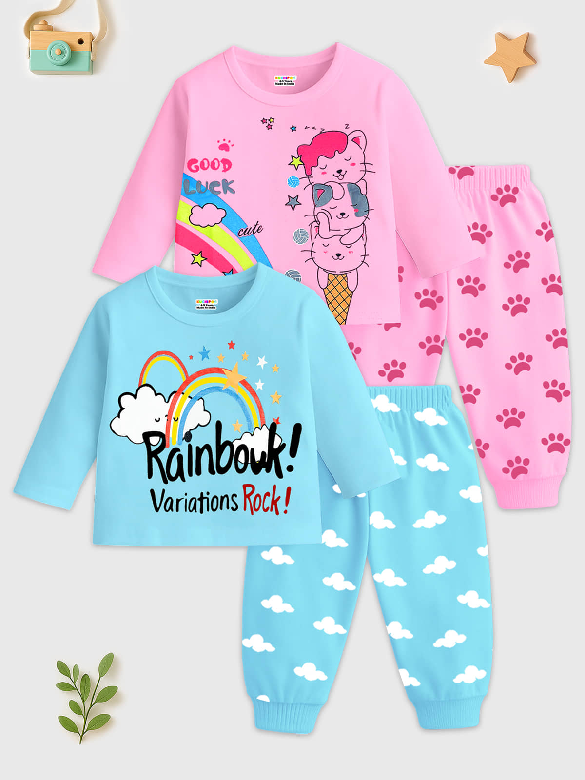 Kuchipoo Pack of 2 Girls Cotton Blend T-shirt & Pants ( Multicolor 13 )