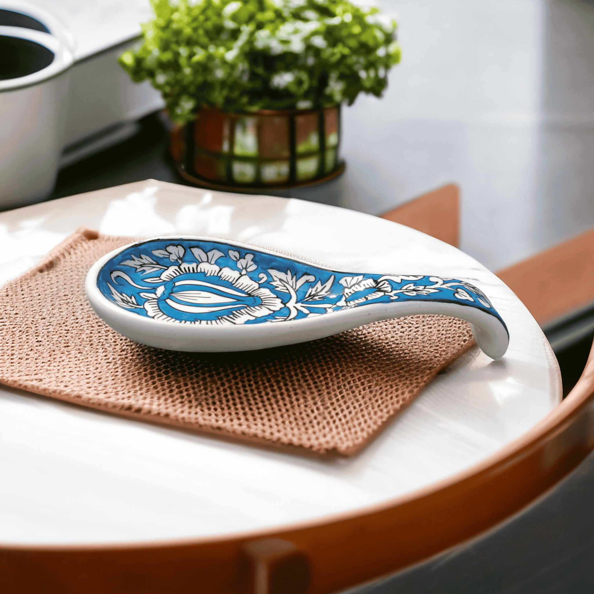     			RAFOLEEN Spoon Rest Ceramic Printed Cutlery Holder Light Blue ( Pack of 1 )