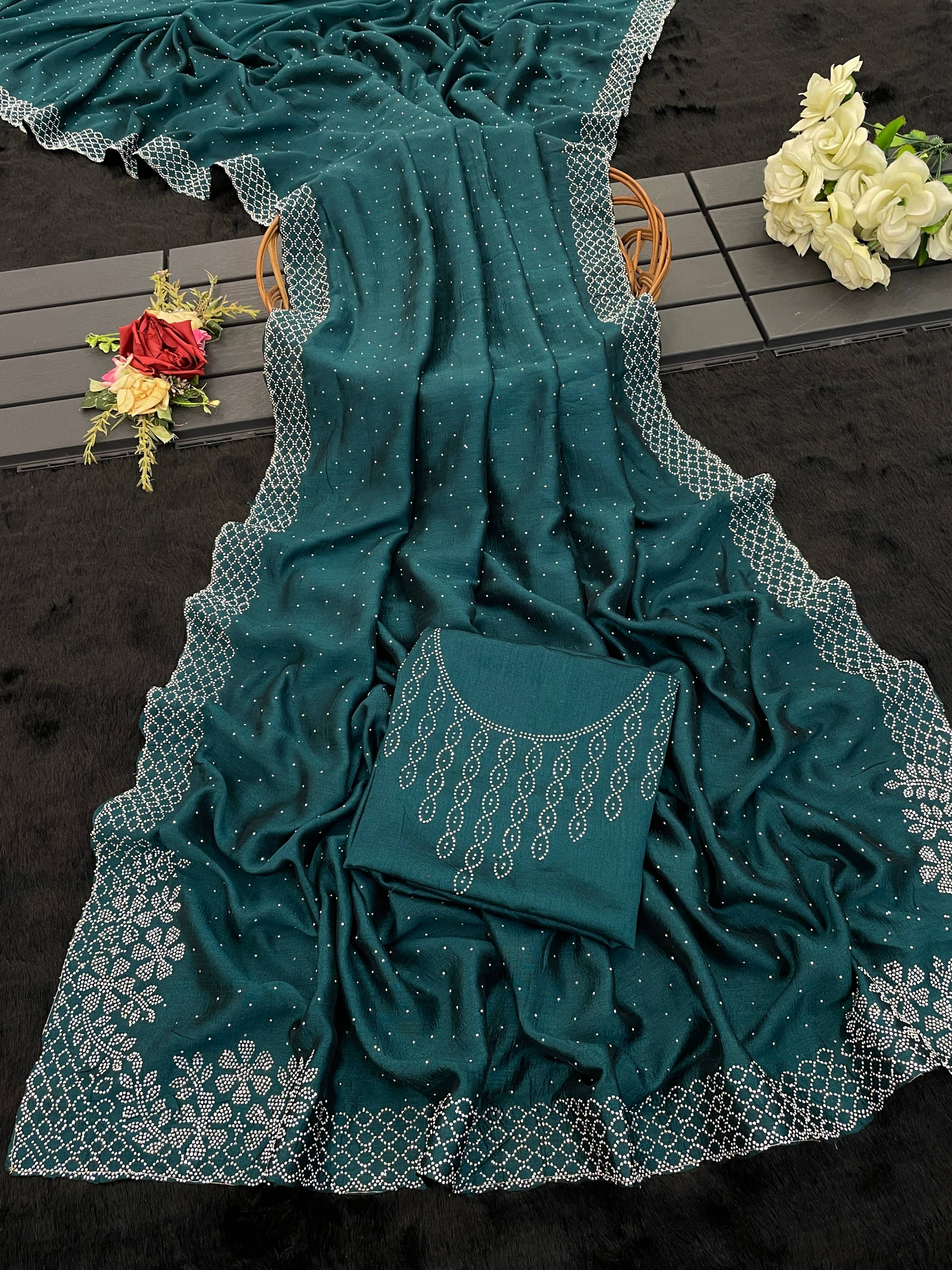 SHRIMORI Silk Blend Embellished Bhagalpuri Saree With Unstitched Blouse Piece ( Rama ) SHRIMORI Silk Blend Embellished Bhagalpuri Saree With Unstitched Blouse Piece ( Rama )