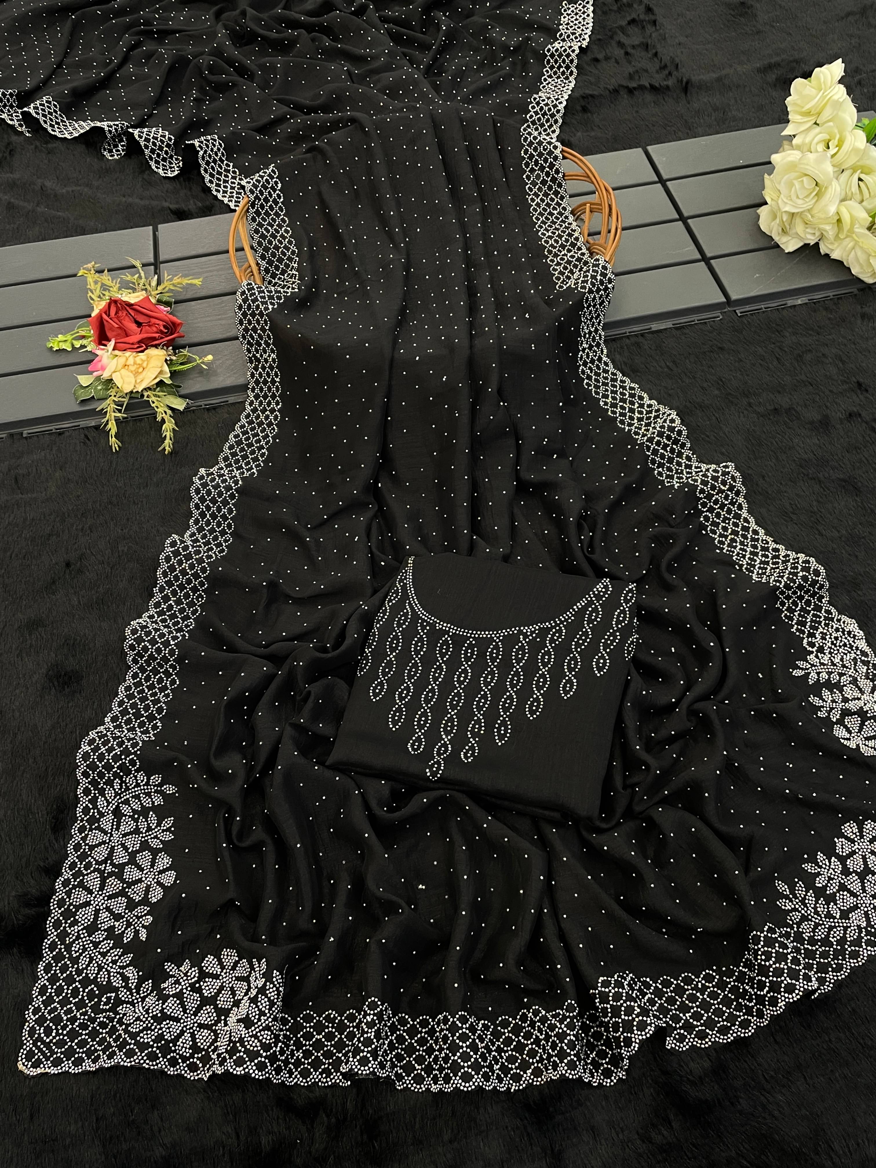 SHRIMORI Silk Blend Embellished Bhagalpuri Saree With Unstitched Blouse Piece ( Black ) SHRIMORI Silk Blend Embellished Bhagalpuri Saree With Unstitched Blouse Piece ( Black )