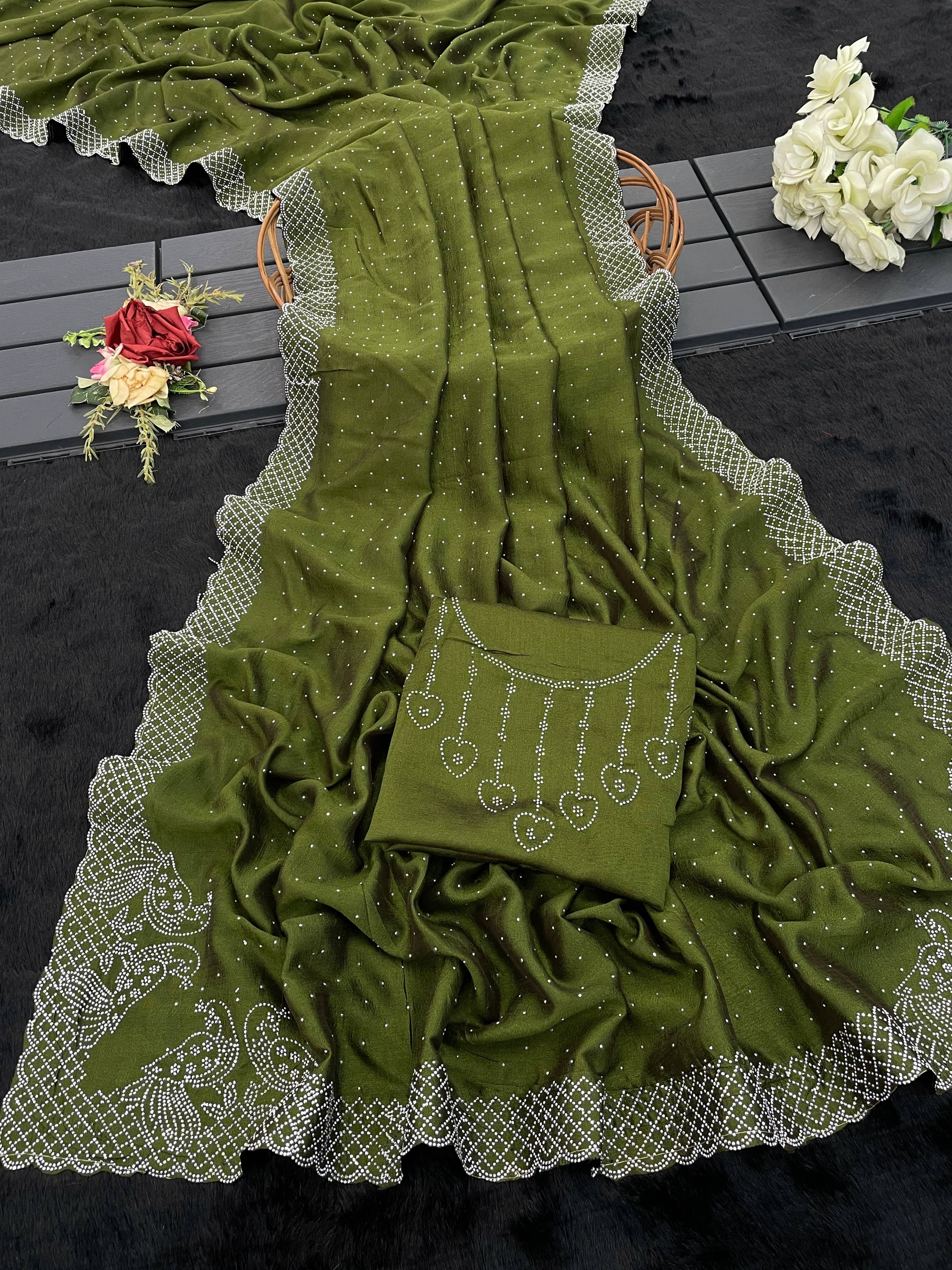 SHRIMORI Silk Blend Embellished Bhagalpuri Saree With Unstitched Blouse Piece ( Green )     			SHRIMORI Silk Blend Embellished Bhagalpuri Saree With Unstitched Blouse Piece ( Green )