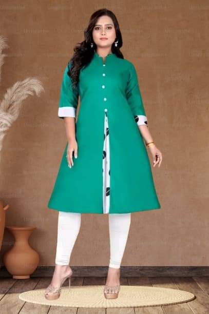     			TRIONZA Women Cotton Flex Solid A-line Kurti ( Dark Green )