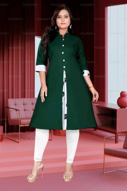 TRIONZA Women Cotton Flex Solid A-line Kurti ( Green )     			TRIONZA Women Cotton Flex Solid A-line Kurti ( Green )
