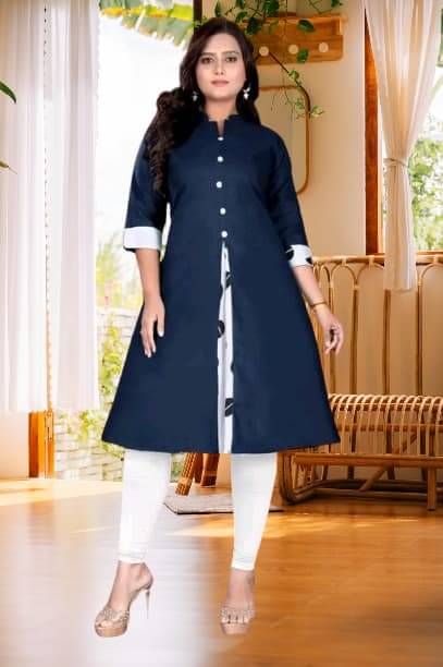 TRIONZA Women Cotton Flex Solid A-line Kurti ( Blue ) TRIONZA Women Cotton Flex Solid A-line Kurti ( Blue )