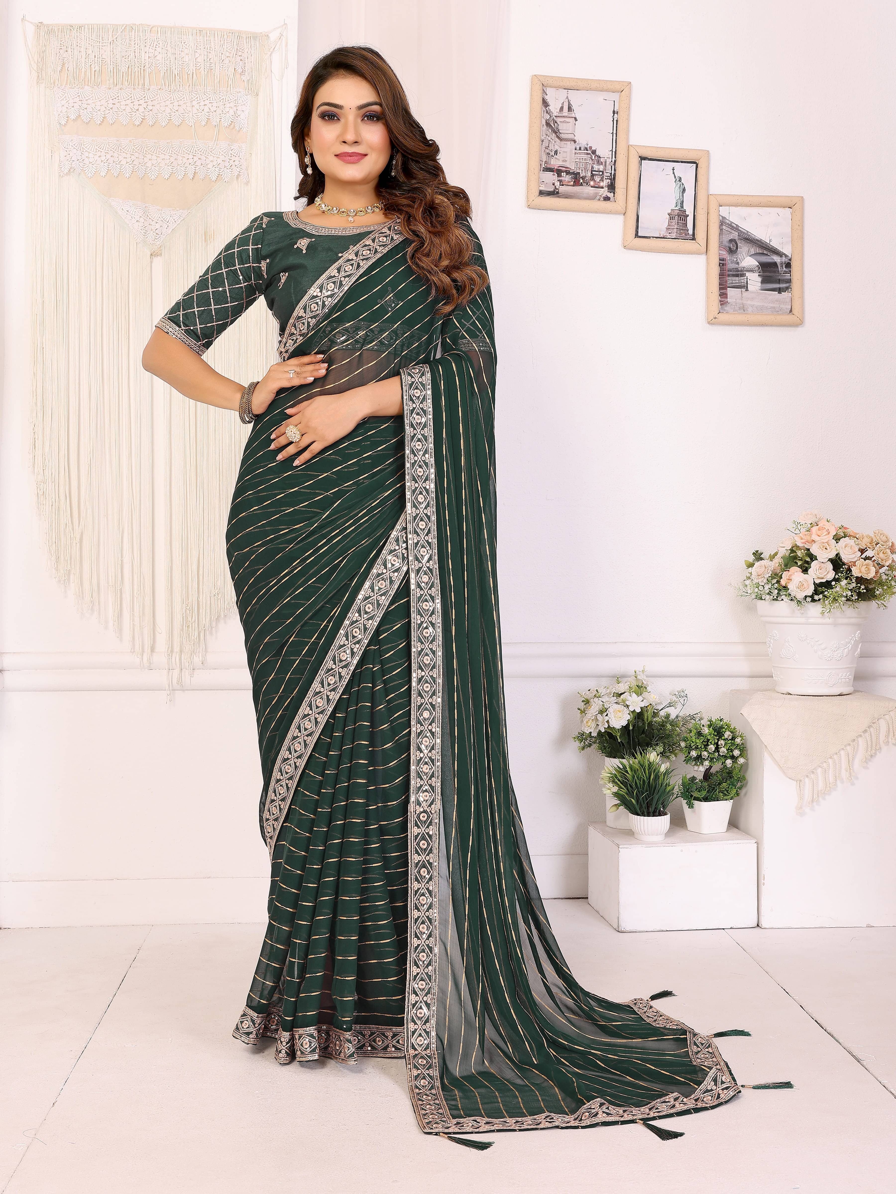 VEDANT VASTRAM Georgette Embroidered Saree With Unstitched Blouse Piece ( Green )     			VEDANT VASTRAM Georgette Embroidered Saree With Unstitched Blouse Piece ( Green )
