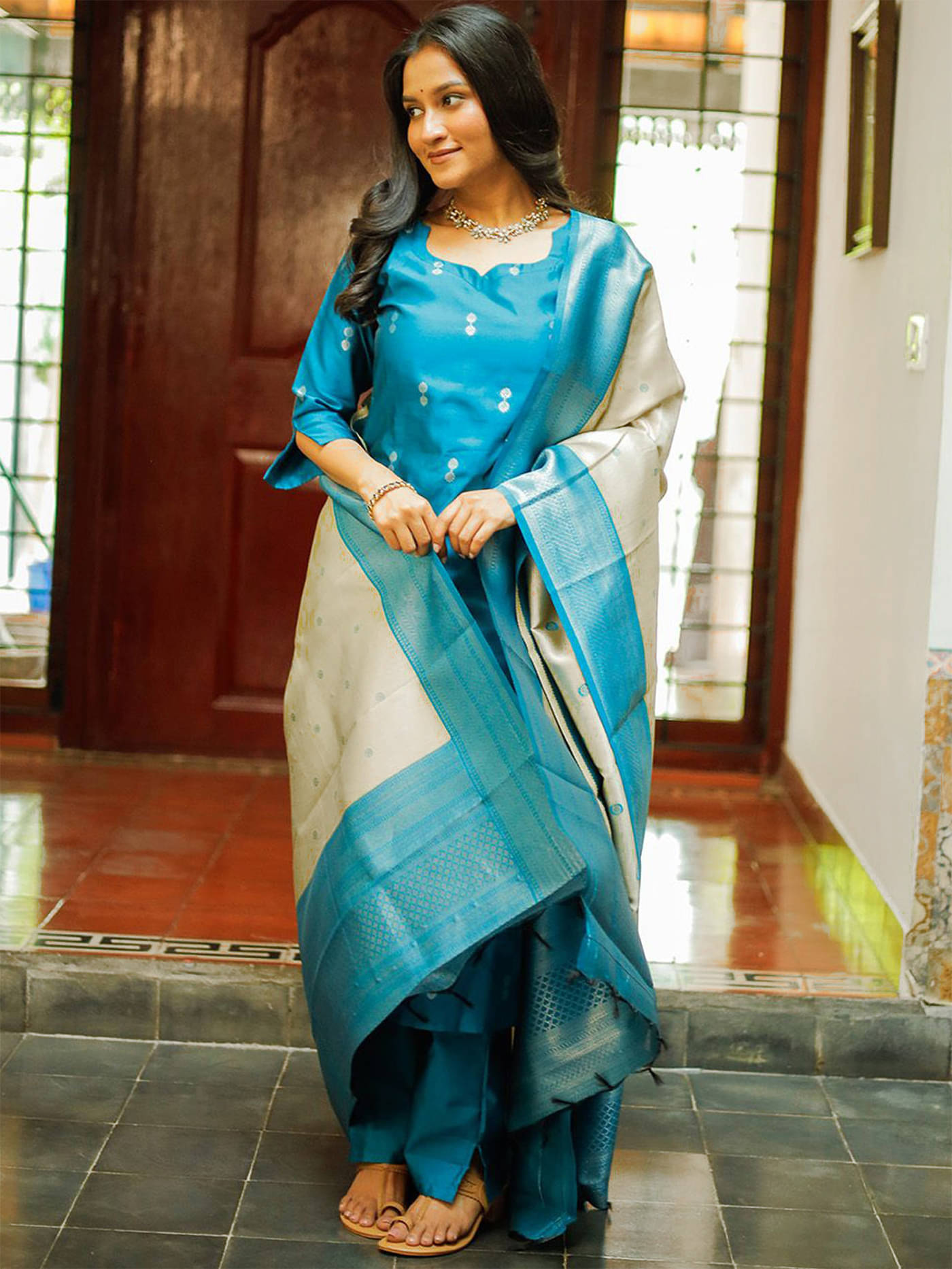     			kedar fab Women Silk Self Design Straight Kurti With Pants ( Aqua Blue )